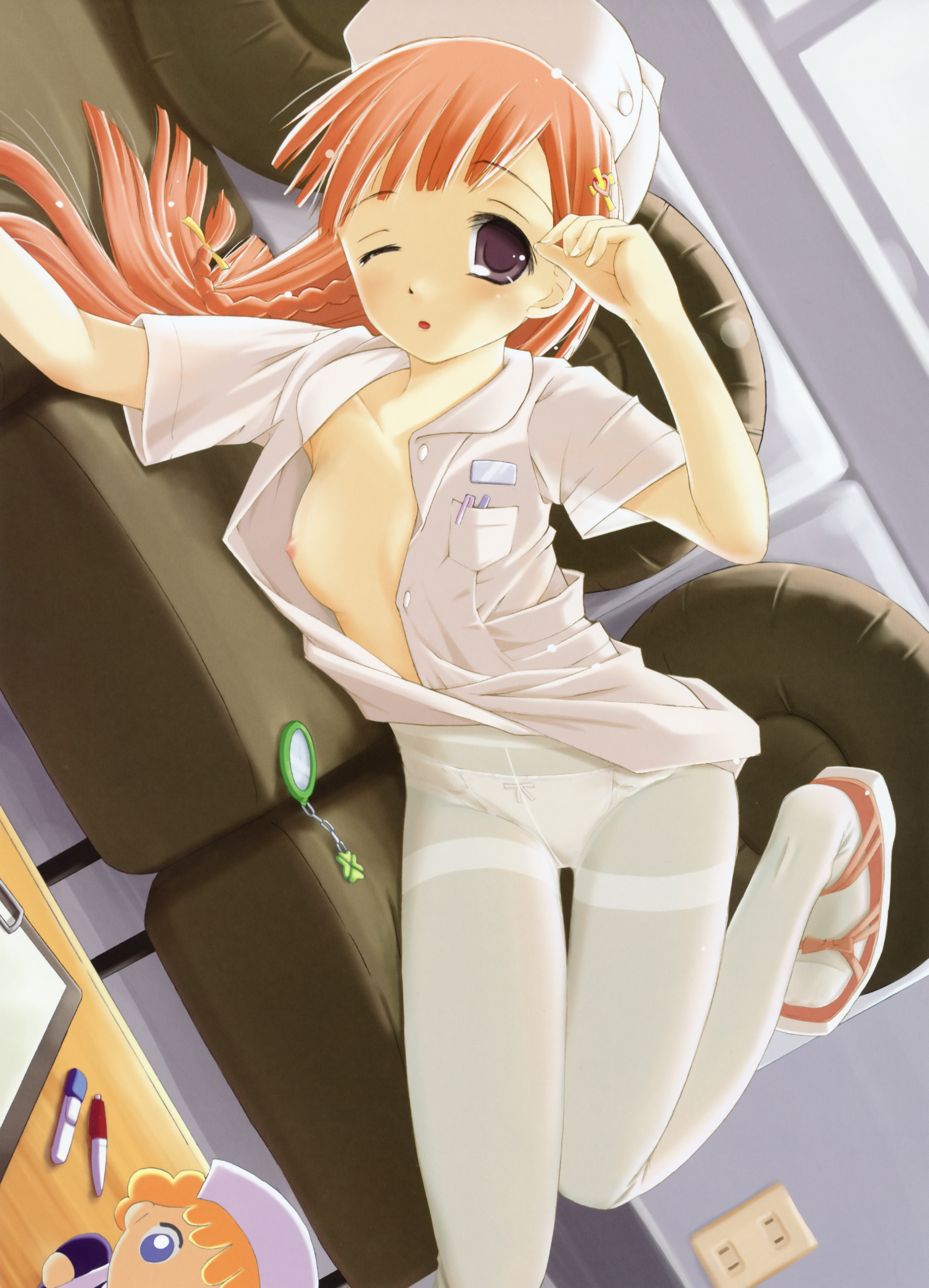 goma, goma (matsuiya), absurdres, highres, 1girl, blush, braid, breasts, crotch seam, female focus, hat, lying, medium breasts, nipples, nurse, nurse cap, open clothes, open shirt, panties, panties under pantyhose, pantyhose, purple eyes, red hair, shirt, solo, thighband pantyhose, underwear, waking up, white pantyhose