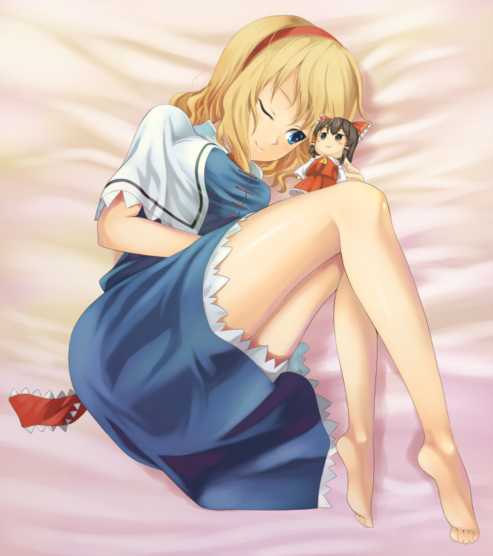 tadokoro teppei, alice margatroid, hakurei reimu, touhou, barefoot, blonde hair, blue eyes, character doll, doll, feet, hairband, legs, lying, solo, wink