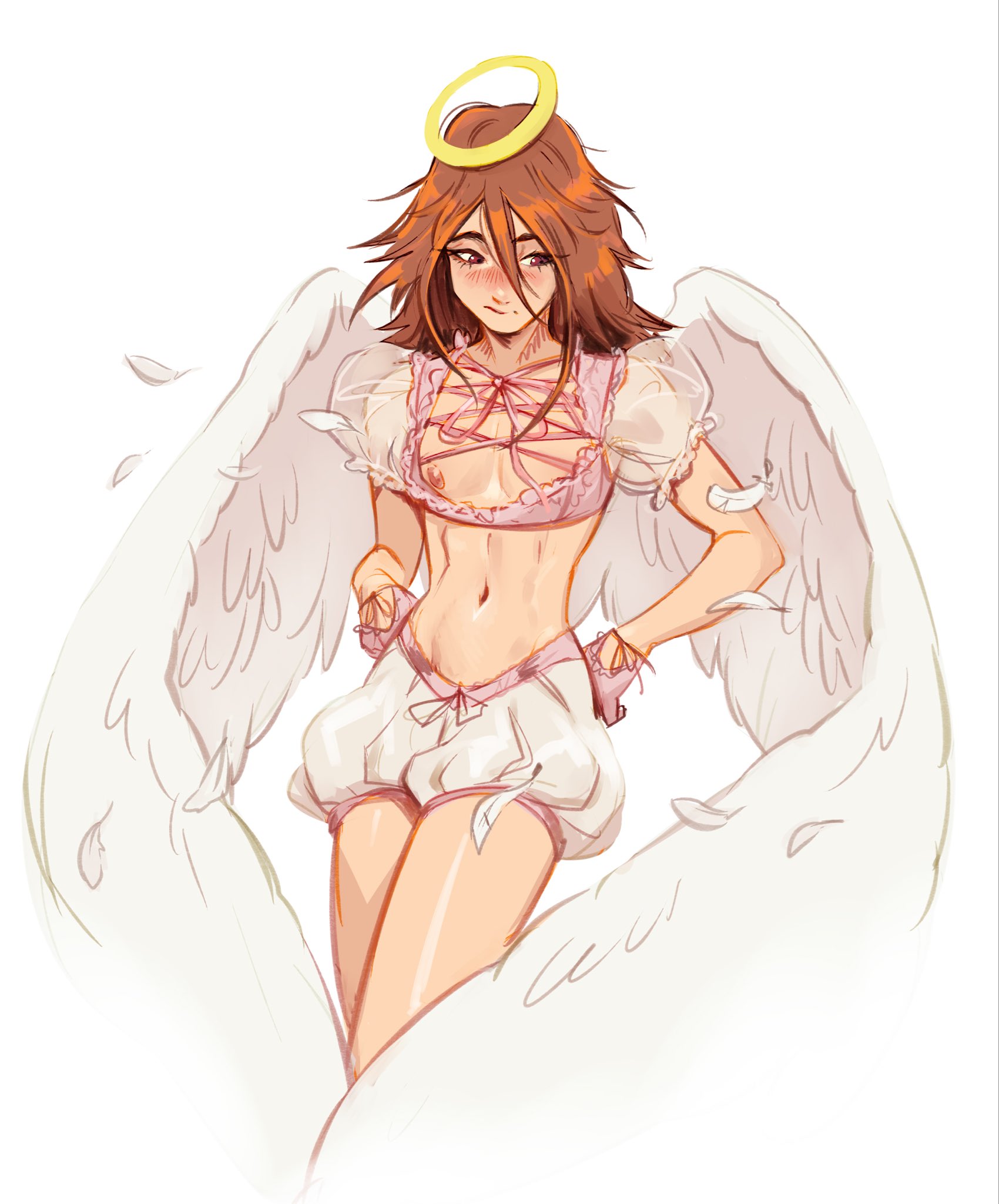 ripushko, angel devil (chainsaw man), chainsaw man, commentary, english commentary, highres, 1boy, angel wings, blush, brown hair, cropped legs, feathers, halo, long hair, male focus, navel, nipples, puffy short sleeves, puffy sleeves, see-through clothes, see-through sleeves, short sleeves, shorts, simple background, solo, white shorts, white wings, wings