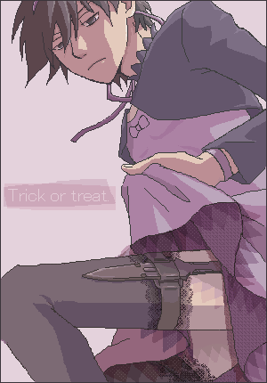 hei (darker than black), yin (darker than black), darker than black, lace-trimmed legwear, lowres, 1boy, black eyes, black hair, cosplay, crossdressing, crossdressing (mtf), dress, knife, lace, lace trim, male focus, ribbon, short hair, skirt, solo, thighhighs, yin (cosplay)