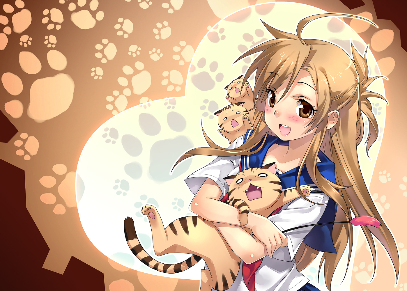 kousaki rui, mizuno kaede, nyan koi!, 00s, 1girl, brown eyes, brown hair, cat, cat teaser, female focus, long hair, paw print, school uniform, serafuku, solo