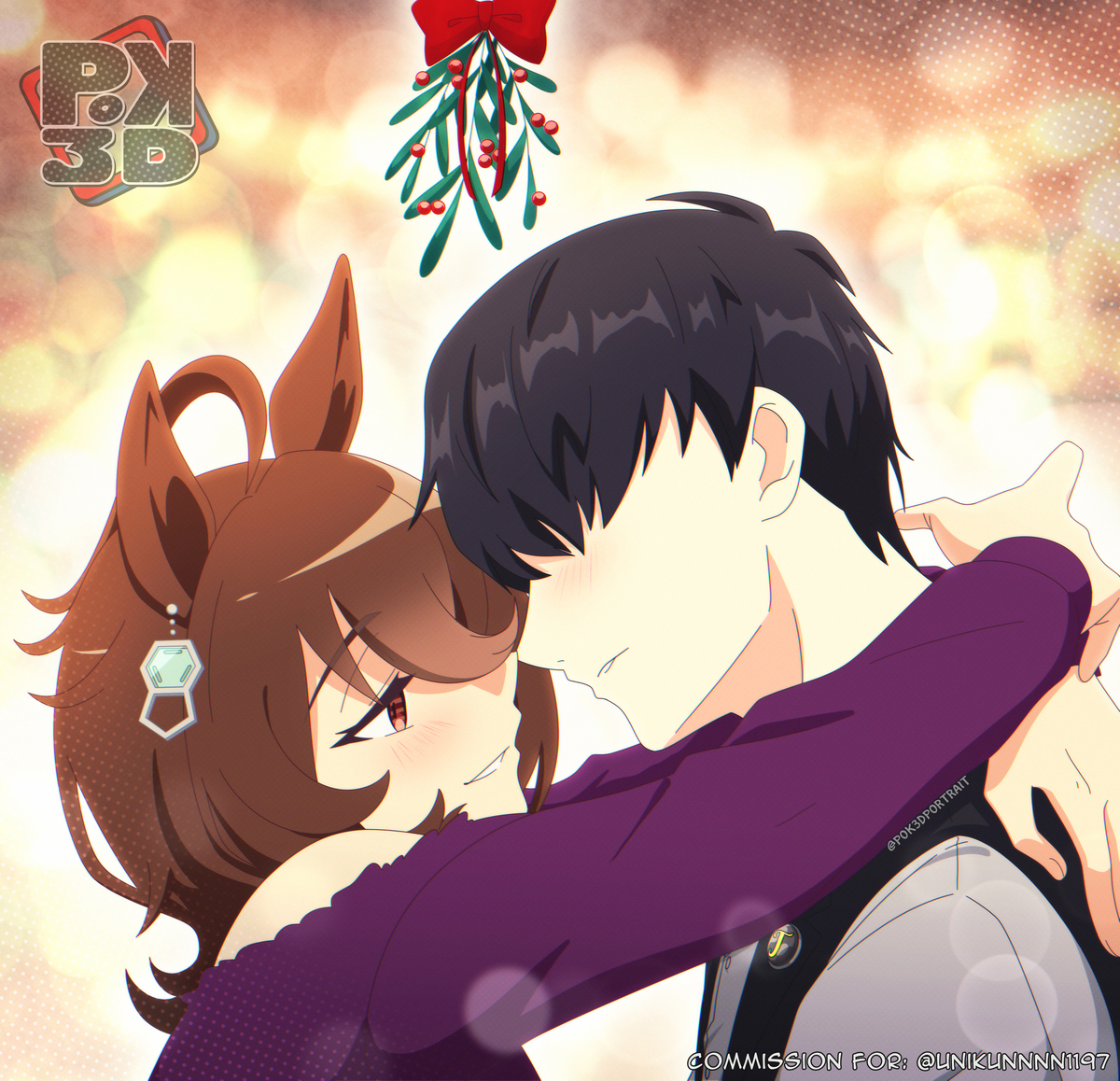 pok3d, agnes tachyon (casual) (umamusume), agnes tachyon (umamusume), trainer (umamusume), umamusume, 1boy, 1girl, 2025, about to kiss, ahoge, almost kiss, animal ears, arms around another's neck, blush, brown hair, christmas, earrings, horse ears, horse girl, jewelry, leaning forward, long sleeves, messy hair, mistletoe, purple shirt, shirt, smile, vest