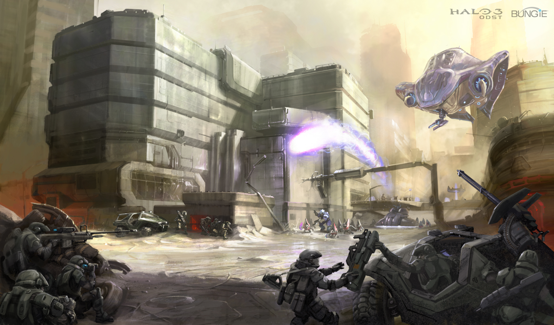 m19, brute (halo), marine (halo), odst, phantom (halo), halo (game), halo (series), halo 3: odst, vehicle, highres, official art, 6+boys, alien, alien ship, ambush, anti-materiel rifle, armor, artillery, assault rifle, battle, battle rifle, bullpup, city, epic, full body, gun, helmet, laser, machine gun, male focus, military, military uniform, military vehicle, motor vehicle, multiple boys, multishot rocket launcher, needler (halo), new mombasa, rifle, rocket launcher, ruins, sniper rifle, soldier, spacecraft, spartan laser, spiker (halo), tank, unggoy (halo), war, warthog (halo), weapon, wraith (halo)