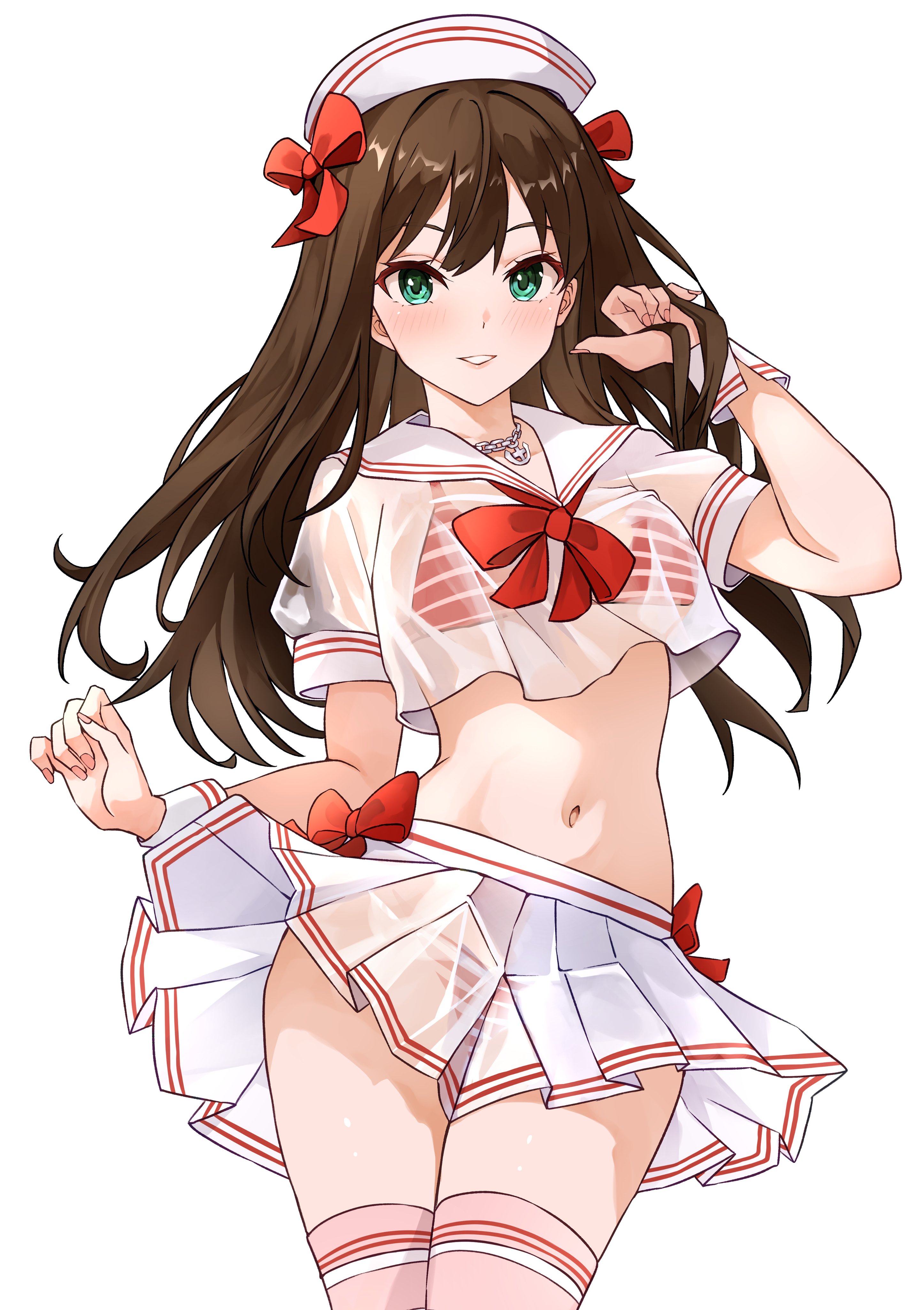 b1ack illust, shibuya rin, idolmaster, idolmaster cinderella girls, absurdres, bad id, bad twitter id, highres, 1girl, anchor necklace, blush, bow, bra, breasts, cowboy shot, detached sleeves, green eyes, hair bow, hat, jewelry, long hair, looking at viewer, medium breasts, midriff, navel, necklace, panties, pink thighhighs, pleated skirt, red bow, red bra, red panties, sailor collar, sailor hat, see-through clothes, see-through shirt, see-through skirt, shirt, simple background, skirt, solo, stomach, striped bra, striped clothes, striped panties, thighhighs, underwear, white background, white hat, white sailor collar, white shirt, white skirt, zettai ryouiki
