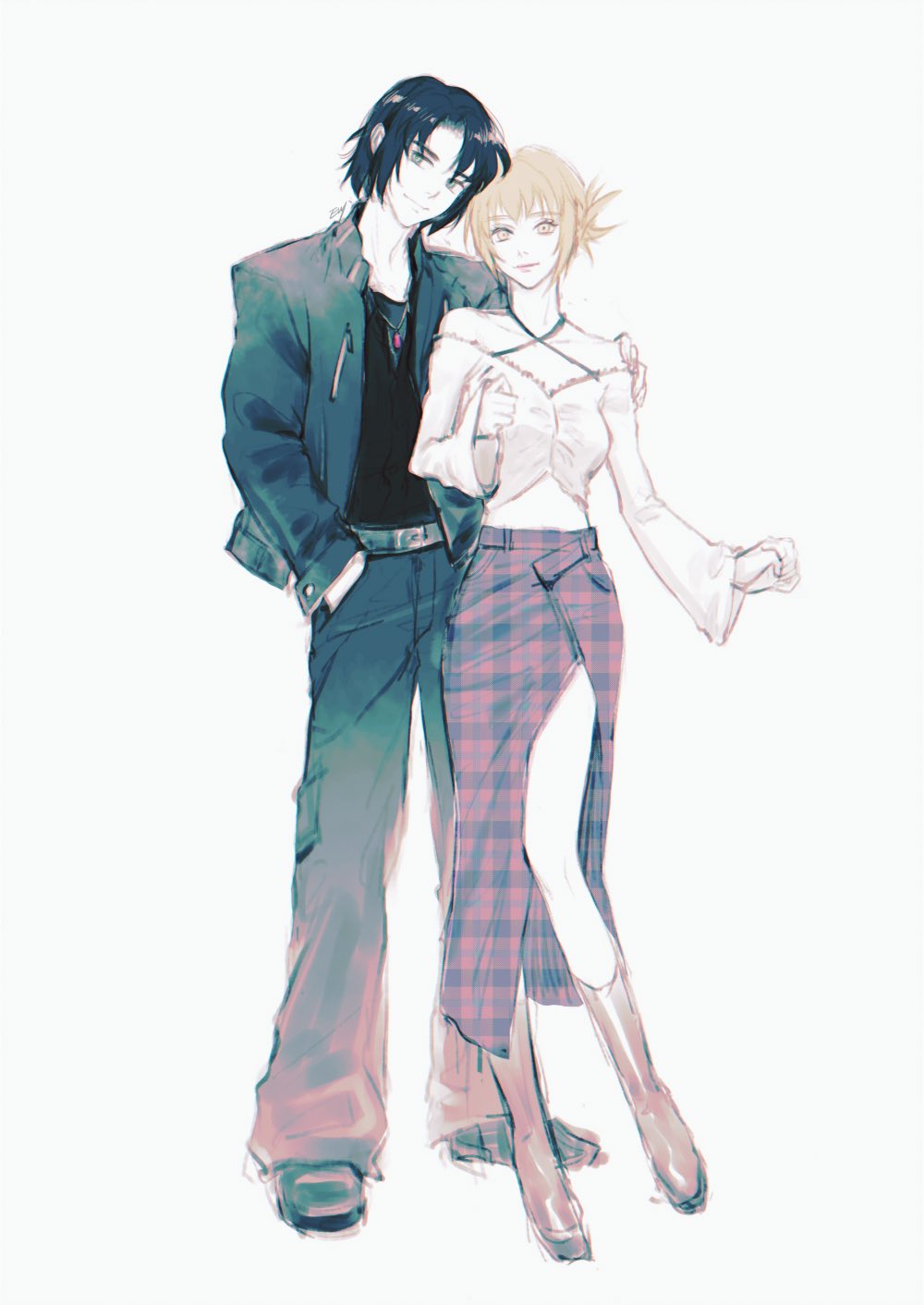 inhouhou, athrun zala, cagalli yula athha, gundam, gundam seed, commentary request, highres, 1boy, 1girl, alternate costume, arm around shoulder, black shirt, blonde hair, blue hair, boots, breasts, couple, grey jacket, grey pants, hand in pocket, hand on another's shoulder, hetero, jacket, light smile, long skirt, medium breasts, midriff, off-shoulder shirt, off shoulder, pants, parted bangs, plaid clothes, plaid skirt, shirt, side slit, skirt, updo, white background, white shirt