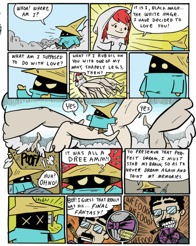 kc green, black mage (final fantasy), white mage (final fantasy), final fantasy, 2boys, 8 bit theater, comic, english text, legs, multiple boys, rumblo, suicide