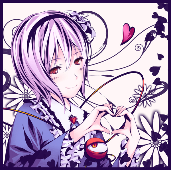ayasaka, komeiji satori, touhou, bad id, bad pixiv id, 1girl, blush, eyeball, female focus, flower, hair flower, hair ornament, hairband, heart, heart hands, purple eyes, purple hair, red eyes, short hair, smile, solo, third eye