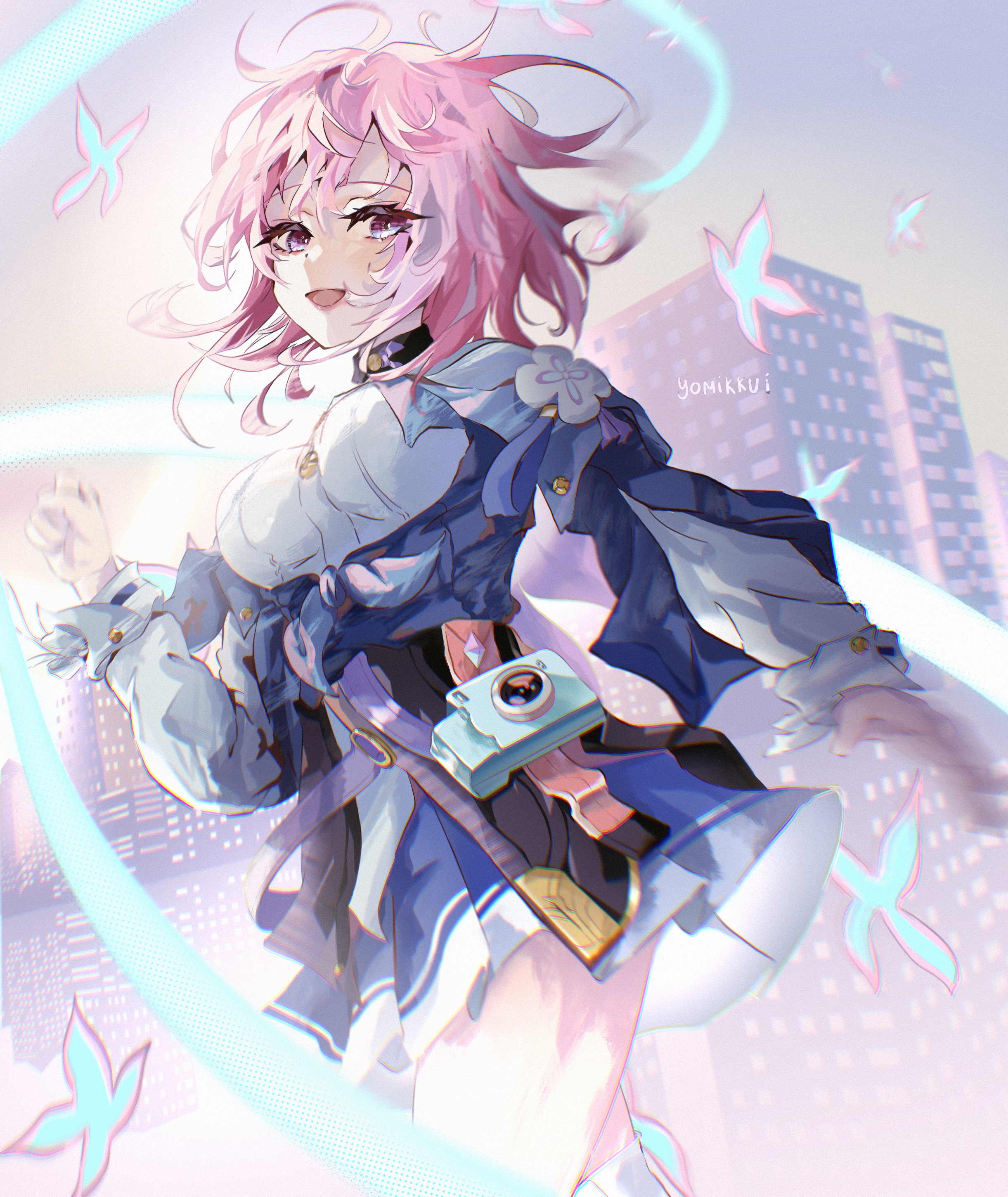 yomi (yayeyiyomi), march 7th (honkai: star rail), march 7th (preservation) (honkai: star rail), honkai: star rail, honkai (series), absurdres, highres, 1girl, bare legs, breasts, bug, building, butterfly, camera, city, colored eyelashes, colored sclera, colorful background, flower, insect, looking at viewer, medium breasts, miniskirt, open mouth, pink hair, short hair, skirt, thighs