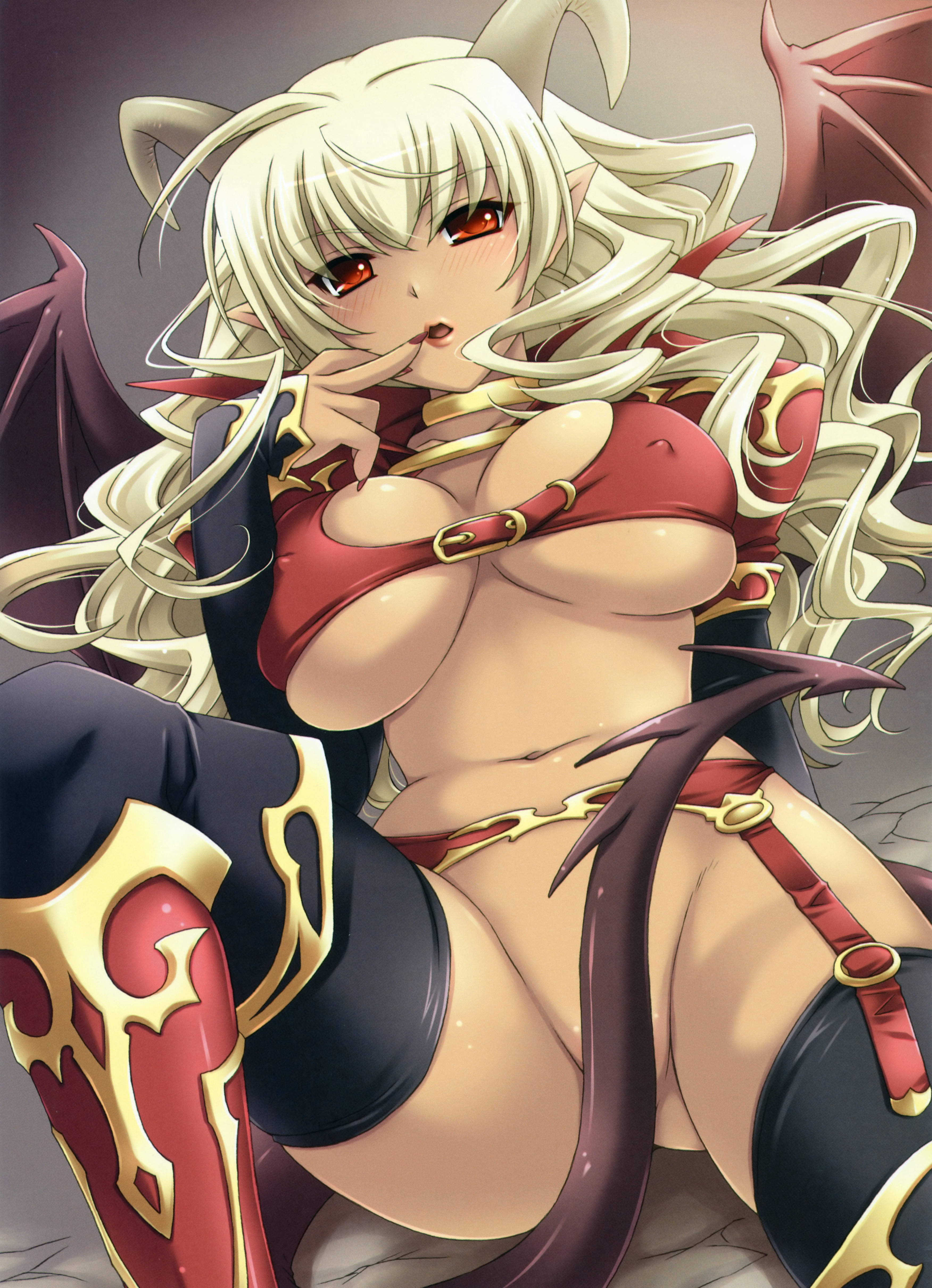 saeki hokuto, absurdres, copyright request, highres, huge filesize, 1girl, blonde hair, breasts, cleavage, convenient censoring, covered erect nipples, demon girl, female focus, horns, large breasts, long hair, pointy ears, red eyes, solo, tail, thighhighs, underboob, wings