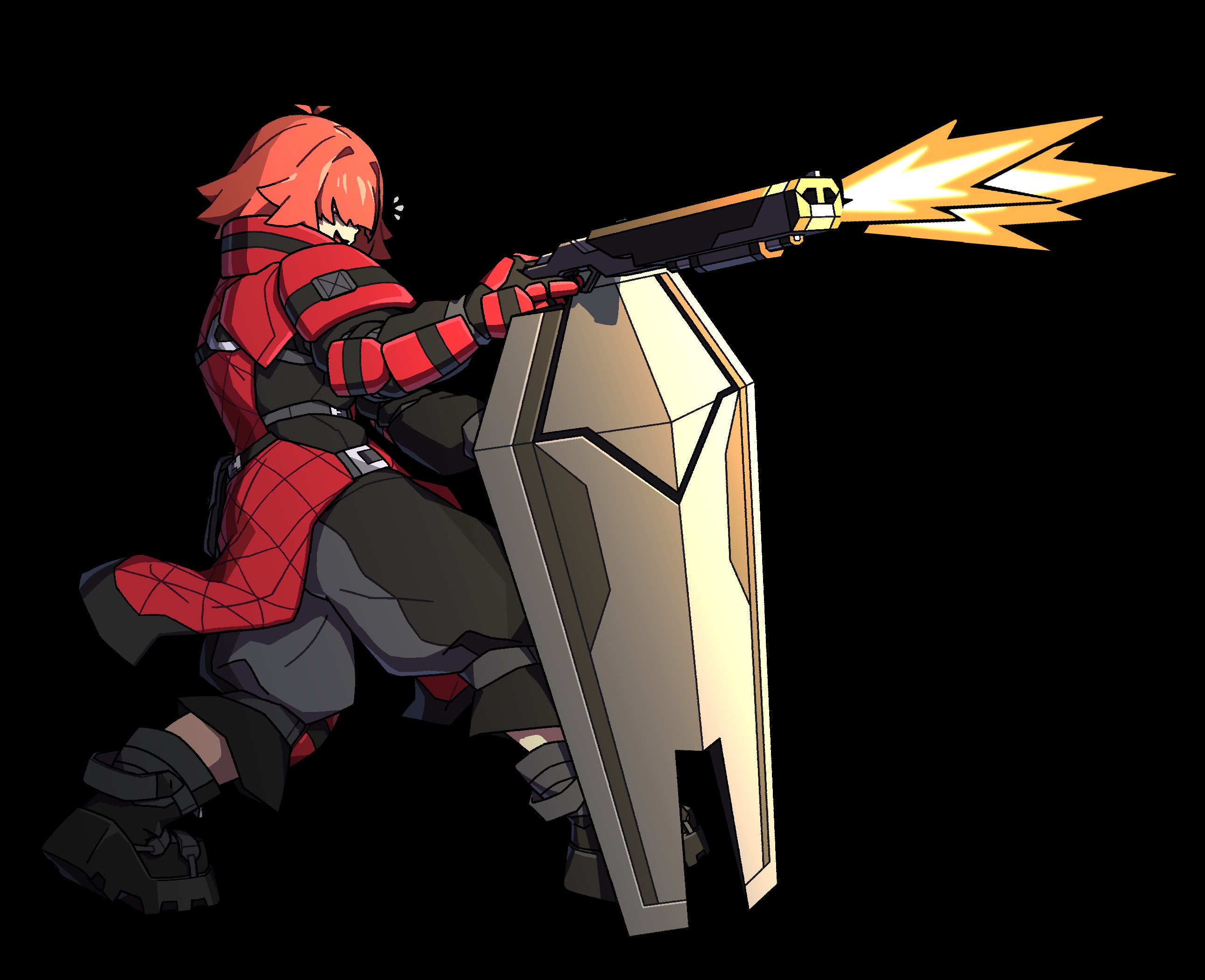 ponaners, aniwars, commentary, english commentary, highres, 1girl, armor, black background, black boots, boots, breacher (aniwars), covered eyes, firing, full body, gun, hair over eyes, holding, holding gun, holding shield, holding weapon, open mouth, orange hair, shield, short hair, solo, weapon