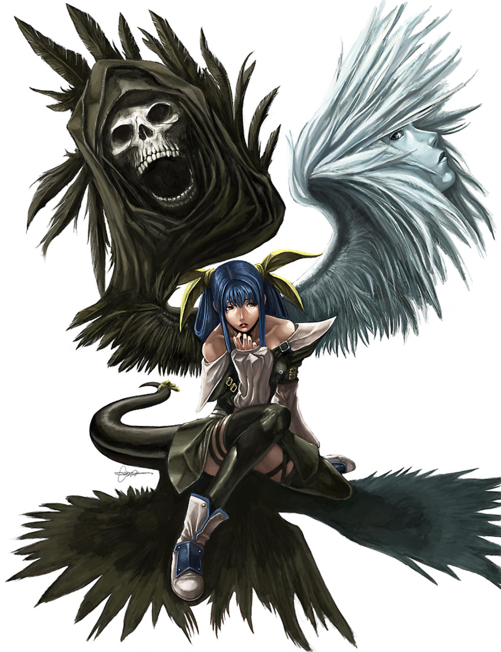 shonensan, dizzy (guilty gear), necro (guilty gear), undine (guilty gear), arc system works, guilty gear, guilty gear x, guilty gear xx, highres, 1girl, asymmetrical wings, bare shoulders, blue hair, boots, hair ribbon, kneeling, long hair, red eyes, ribbon, signature, sitting, skull, tail, tail ornament, tail ribbon, thighhighs, twintails, wings