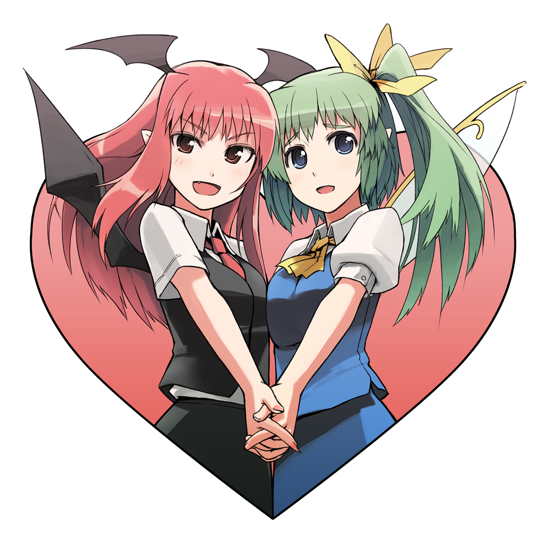 kaito (k4itoh), daiyousei, koakuma, embodiment of scarlet devil, touhou, bad id, bad pixiv id, 2girls, bat wings, blue eyes, breast press, breasts, fang, female focus, green hair, head wings, heart, holding hands, long hair, multiple girls, pointy ears, red eyes, red hair, short hair, side ponytail, simple background, symmetrical hand pose, tareme, tsurime, wings