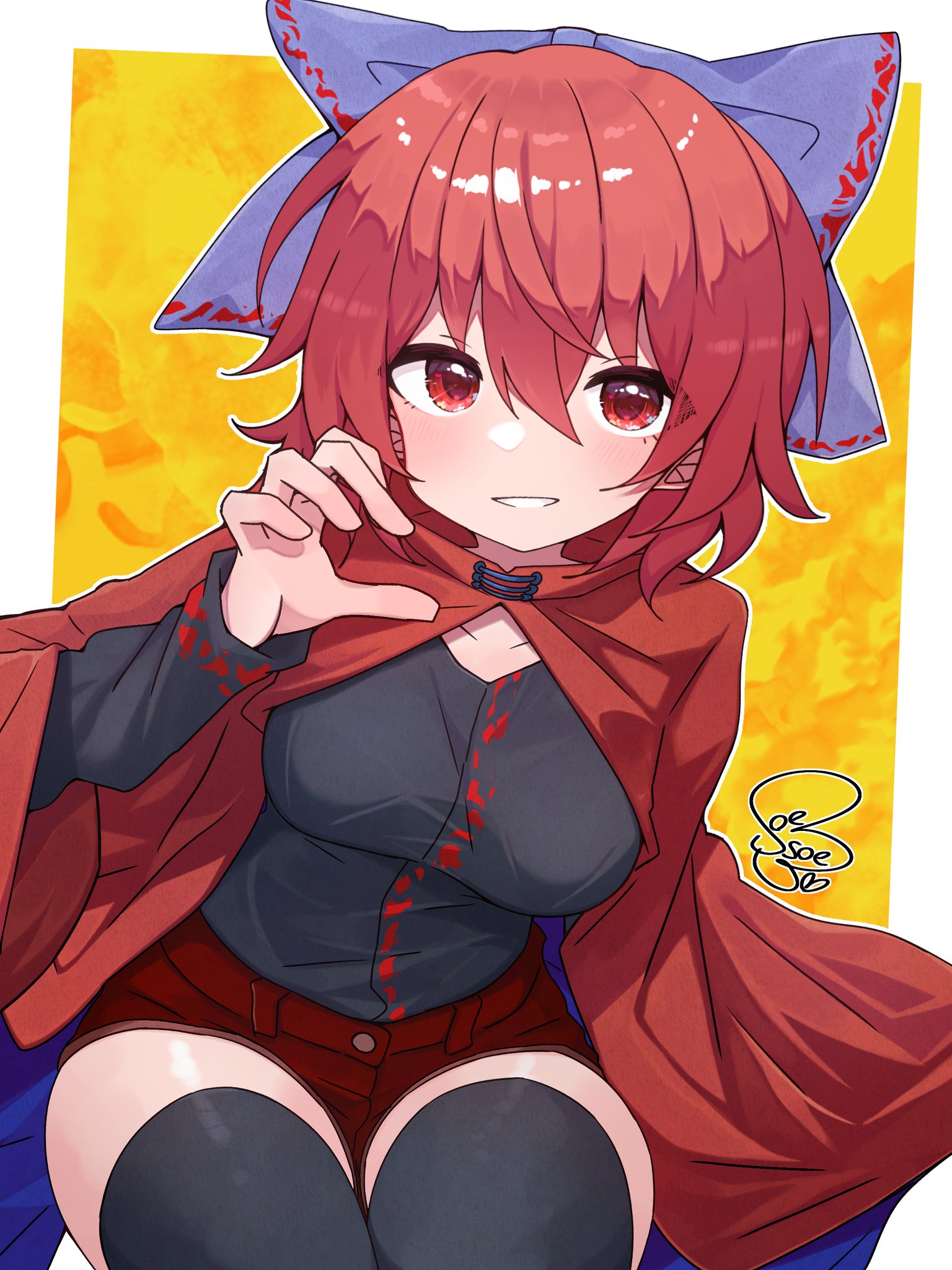 soesoe300, sekibanki, touhou, highres, 1girl, adapted costume, black shirt, black thighhighs, blue bow, blush, bow, breasts, capelet, claw pose, collarbone, long sleeves, looking at viewer, medium breasts, medium hair, parted lips, red capelet, red eyes, red hair, red shorts, shirt, shorts, signature, sitting, smile, solo, thighhighs, thighs, yellow background
