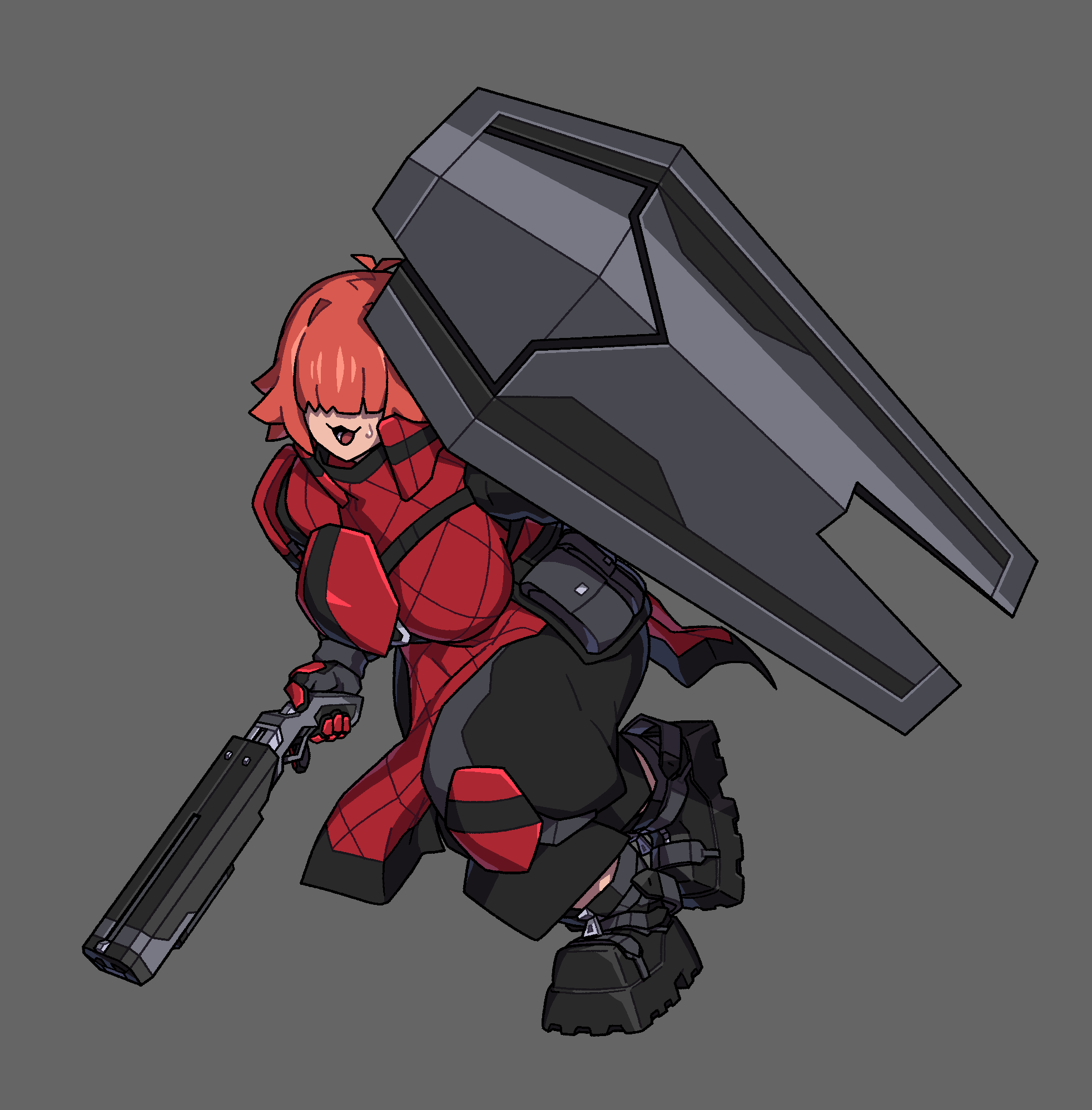 ponaners, aniwars, commentary, english commentary, highres, 1girl, :3, armor, black boots, black shoes, boots, breacher (aniwars), breasts, covered eyes, full body, grey background, gun, hair over eyes, holding, holding gun, holding shield, holding weapon, large breasts, open mouth, orange hair, shield, shoes, short hair, simple background, solo, sweatdrop, weapon