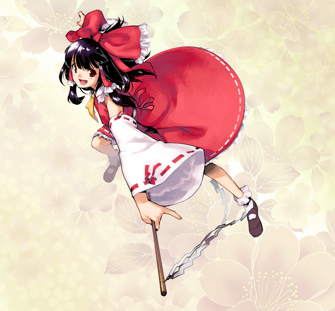 tianjin cat, hakurei reimu, touhou, 1girl, black hair, detached sleeves, female focus, full body, hair ribbon, japanese clothes, miko, red eyes, ribbon, solo