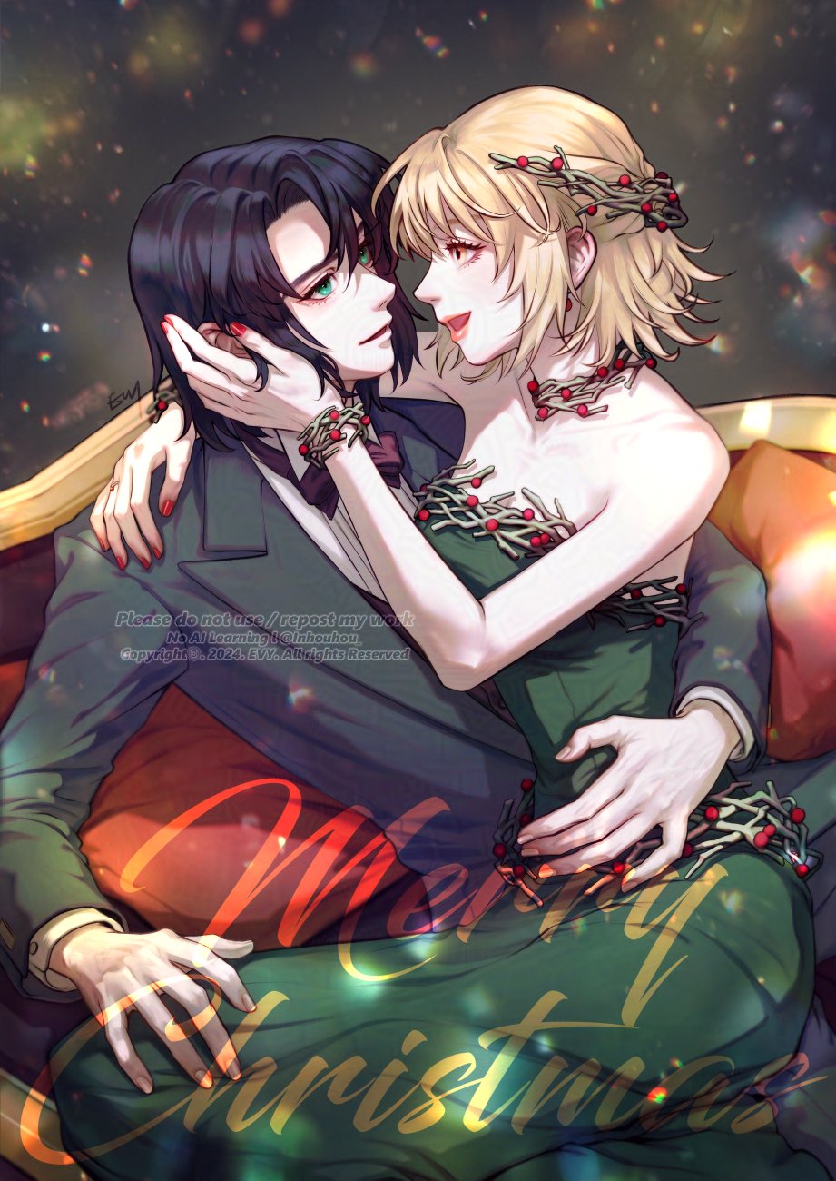 inhouhou, athrun zala, cagalli yula athha, gundam, gundam seed, commentary, english commentary, highres, 1boy, 1girl, arm around shoulder, arm around waist, bare shoulders, black bow, black bowtie, black hair, black jacket, blonde hair, bow, bowtie, bracelet, breasts, choker, closed mouth, collared shirt, couple, dress, green dress, green eyes, hair ornament, hand in another's hair, hetero, jacket, jewelry, long dress, medium breasts, merry christmas, nail polish, open mouth, red nails, shirt, signature, sitting, sitting on lap, sitting on person, smile, strapless, strapless dress, suit jacket, white shirt, yellow eyes