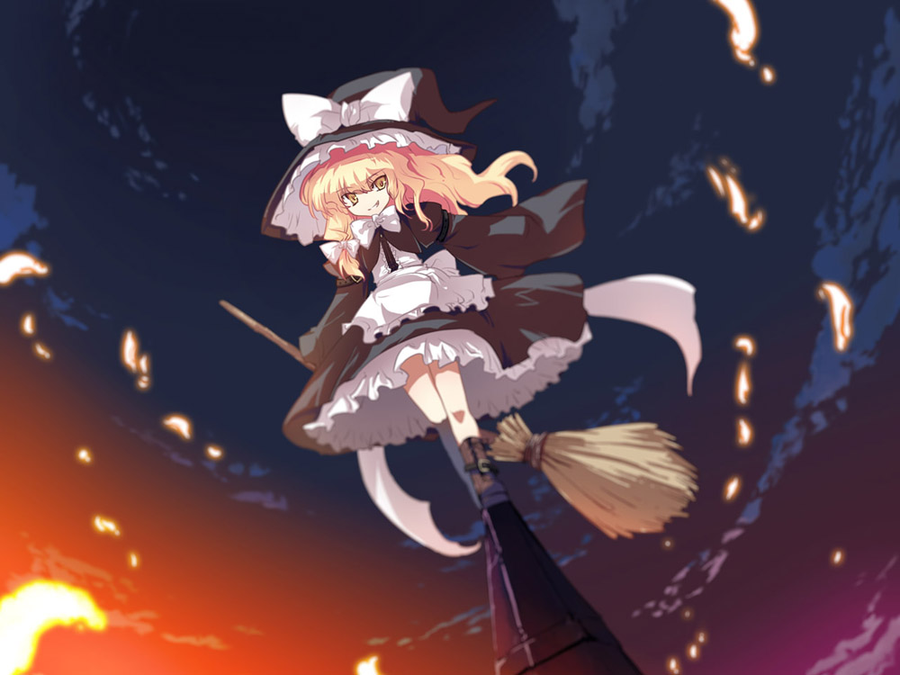 tokiame, kirisame marisa, touhou, 1girl, belt, blonde hair, boots, bow, bowtie, braid, broom, female focus, full body, hat, hat ribbon, long hair, outdoors, ribbon, sky, solo, witch, witch hat, yellow eyes