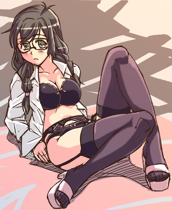 e20, houzumi kaede, original, 1girl, black hair, bra, braid, female focus, garter belt, glasses, green eyes, grey eyes, legs, lingerie, panties, solo, thighhighs, twin braids, underwear