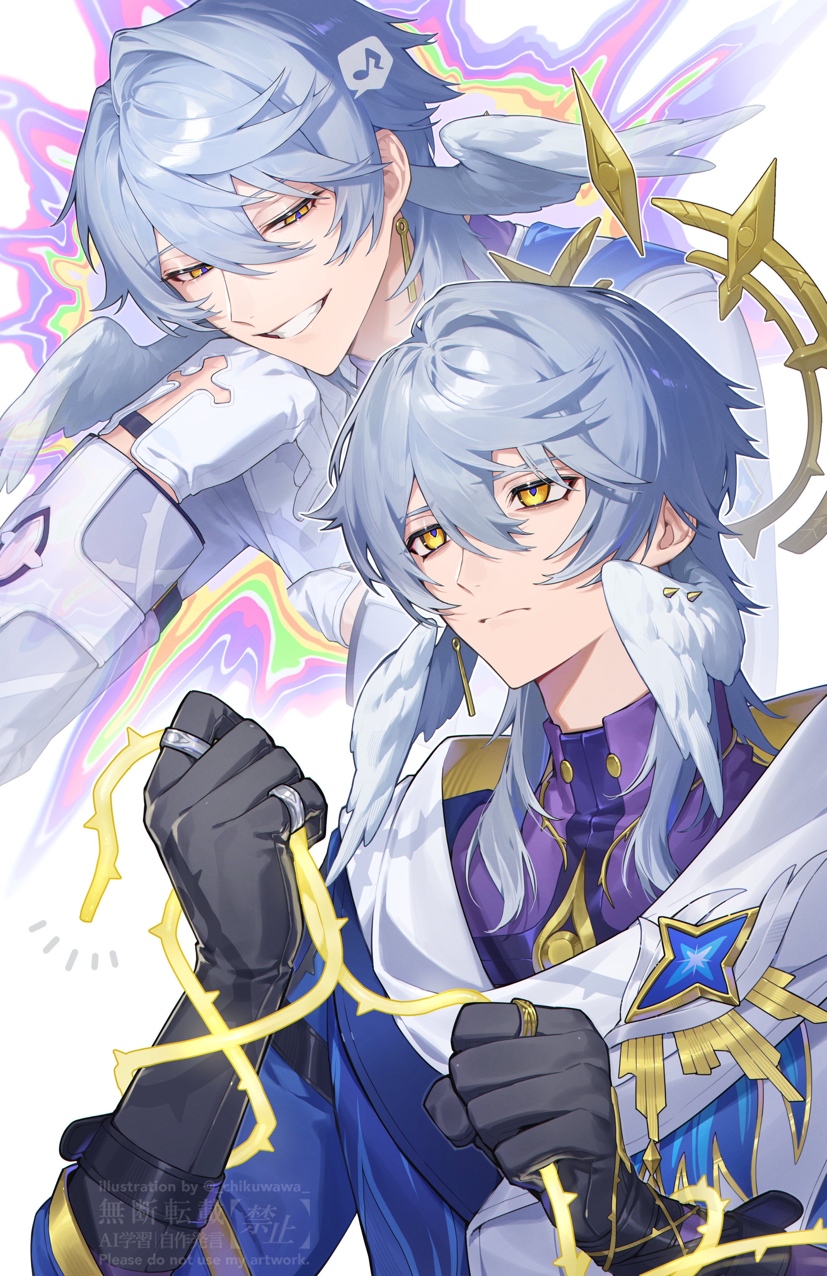 chikuwa (dr0603), sunday (honkai: star rail), honkai: star rail, honkai (series), absurdres, commentary request, highres, 1boy, black gloves, blue eyes, closed mouth, cross cutout, earrings, gloves, hair between eyes, halo, halo behind head, head wings, jewelry, male focus, multiple rings, multiple views, musical note, piercing, ring, smile, spoken musical note, watermark, white gloves, wing piercing, wings, yellow eyes