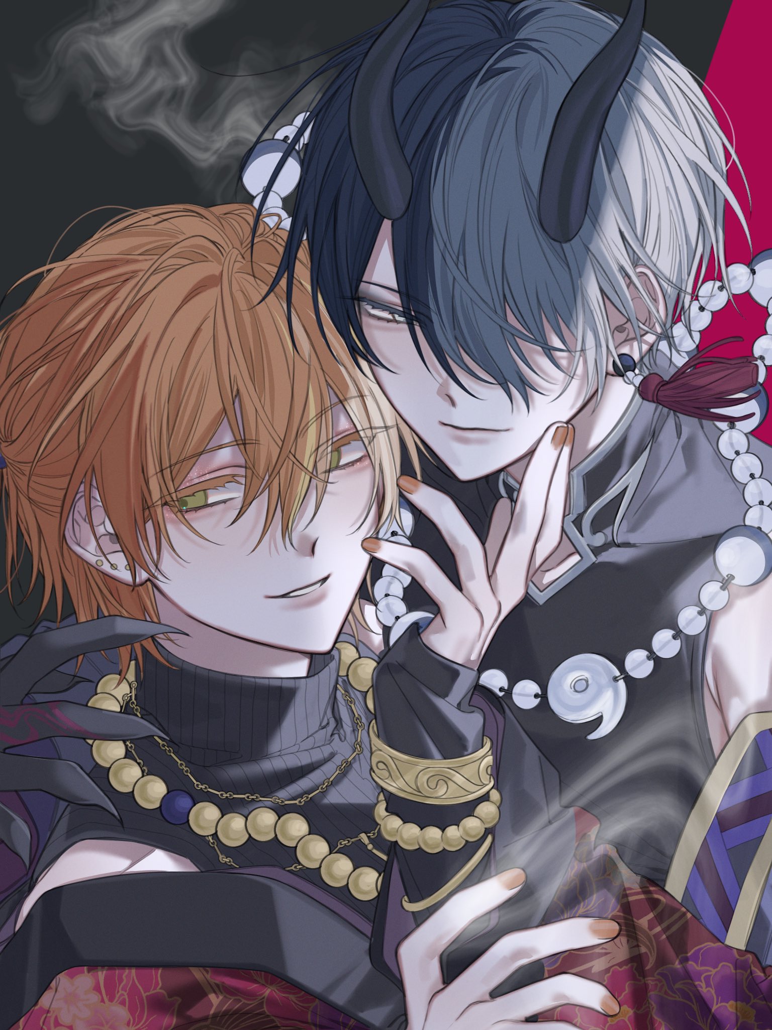aoyagi touya, shinonome akito, project sekai, commentary request, highres, 2boys, bracelet, earrings, green eyes, horns, jewelry, long sleeves, looking to the side, multiple boys, nail polish, necklace, one eye covered, orange hair, pearl bracelet, pearl necklace, plaifah kj, smile, smoke, teeth