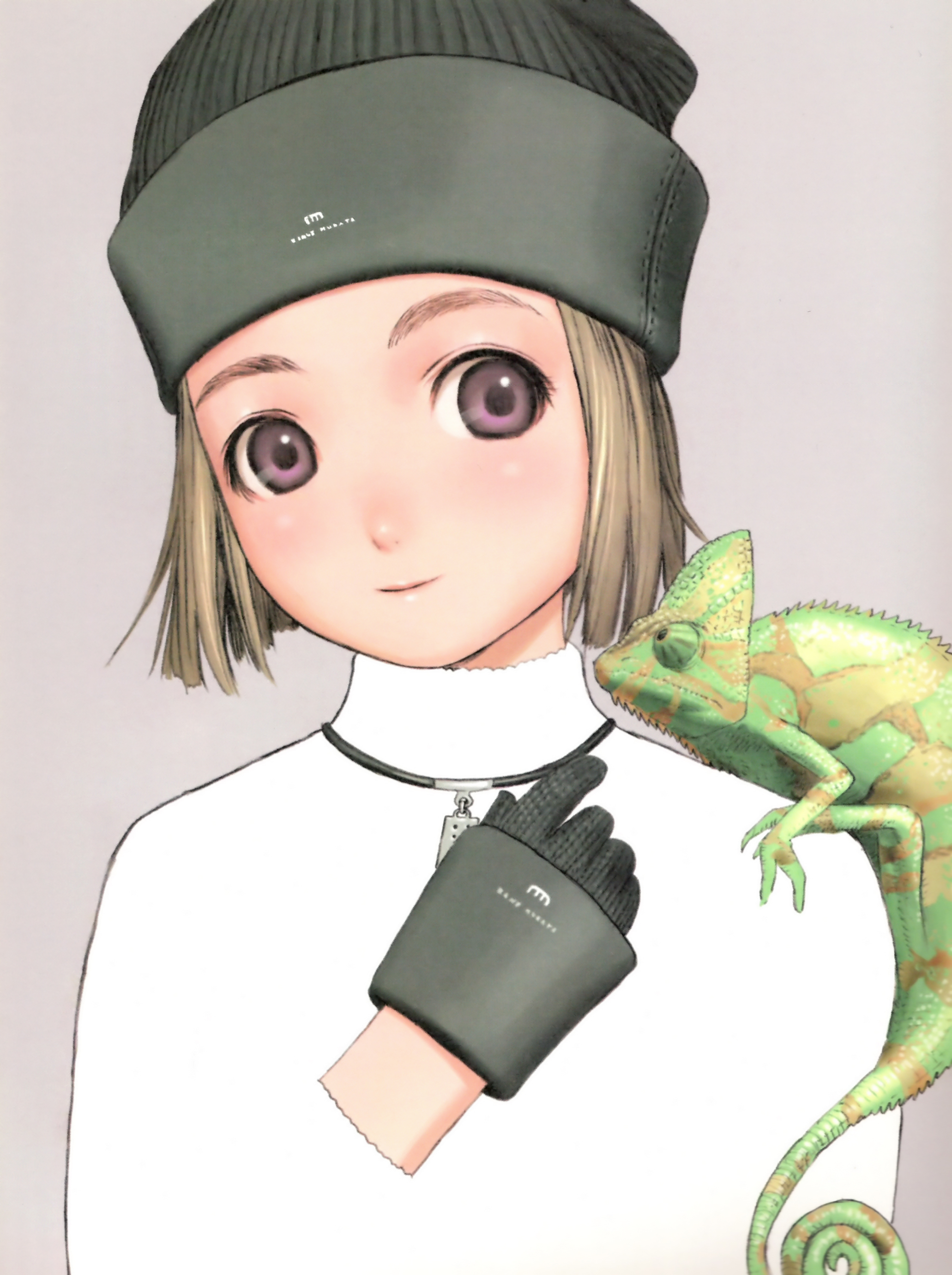 murata range, absurdres, highres, 1girl, blush, bob cut, brown hair, female focus, gloves, hat, iguana (animal), jewelry, lizard, necklace, purple eyes, short hair, simple background, smile, solo, turtleneck