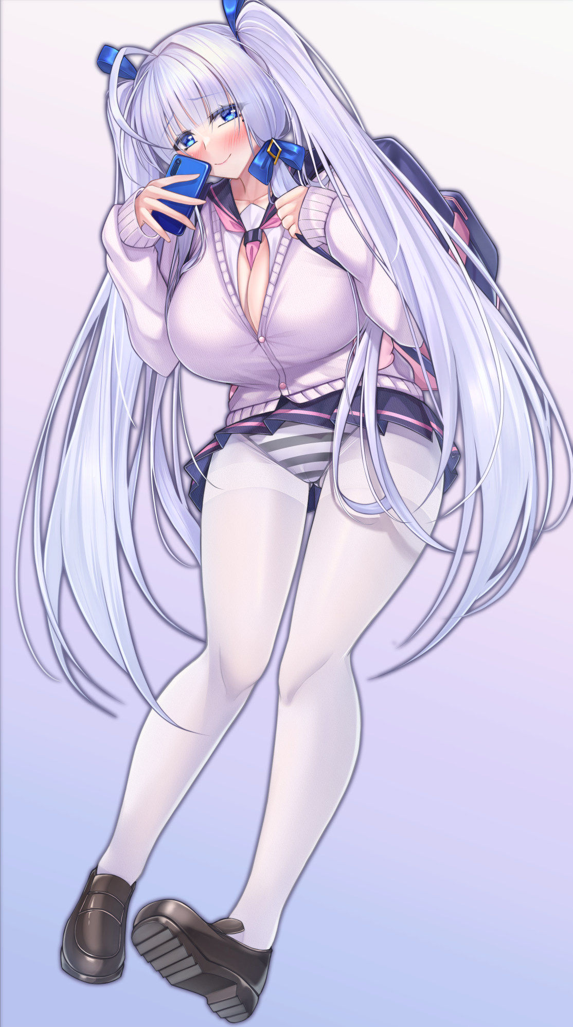 cela f, illustrious (azur lane), unicorn (azur lane), unicorn (long-awaited date) (azur lane), azur lane, commentary request, highres, 1girl, ahoge, alternate hairstyle, between breasts, black shoes, black skirt, blue eyes, blunt bangs, blush, breasts, cellphone, cleavage, cosplay, hair ribbon, holding, holding phone, huge breasts, long hair, long sleeves, looking at viewer, neckerchief, official alternate costume, panties, pantyhose, phone, pink neckerchief, pleated skirt, ribbon, school uniform, serafuku, shoes, sidelocks, skirt, sleeves past wrists, smartphone, solo, striped clothes, striped panties, twintails, underwear, unicorn (azur lane) (cosplay), white hair, white pantyhose
