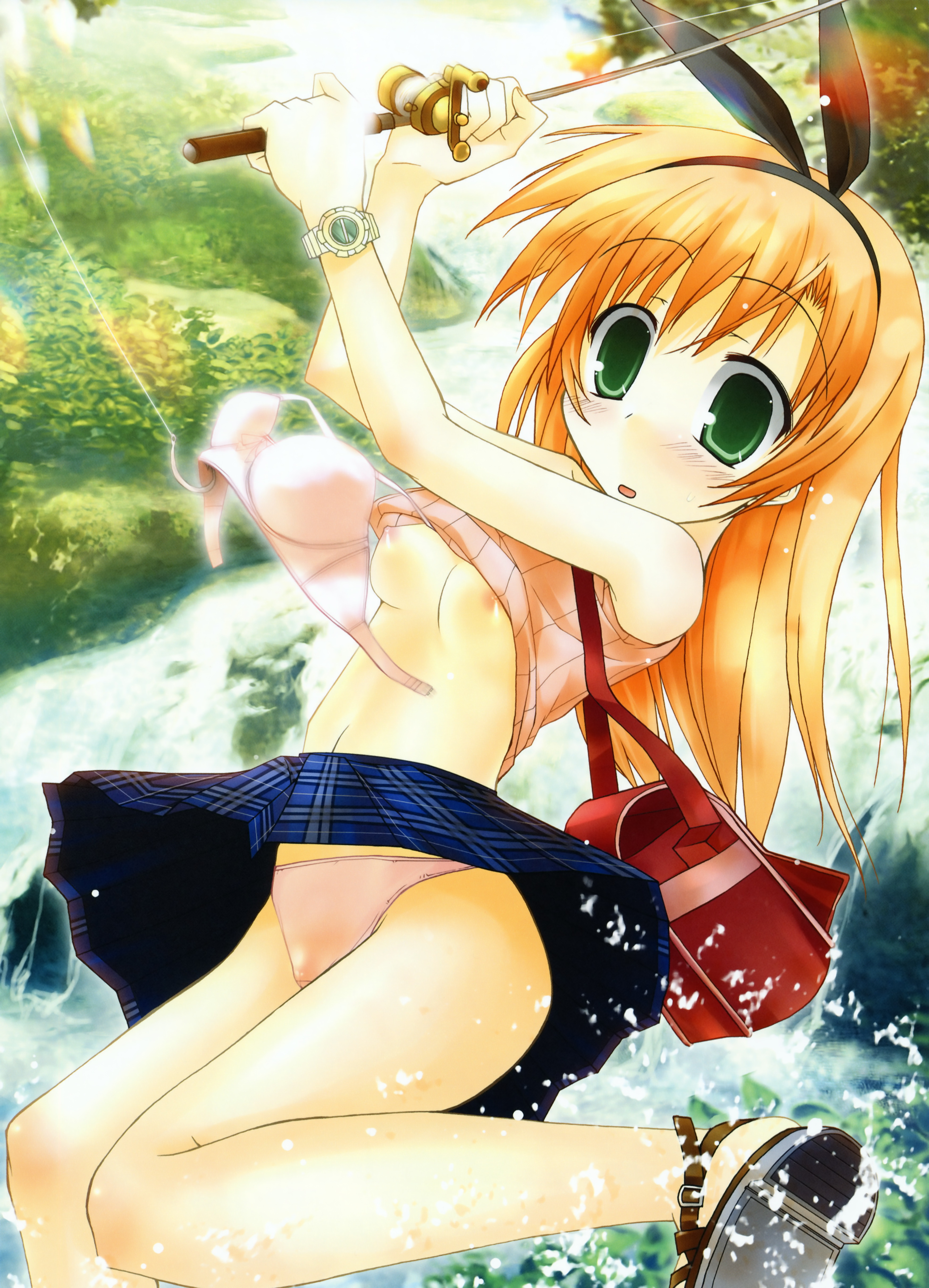 tororo (toriaezu), absurdres, highres, 1girl, blonde hair, blush, bra, breasts, clothes lift, female focus, fishing, fishing rod, green eyes, holding, holding fishing rod, lingerie, long hair, navel, nipple slip, nipples, panties, pantyshot, shirt lift, skirt, skirt lift, small breasts, solo, underwear, undressing, unworn bra, upskirt, watch, water, wet, wristwatch