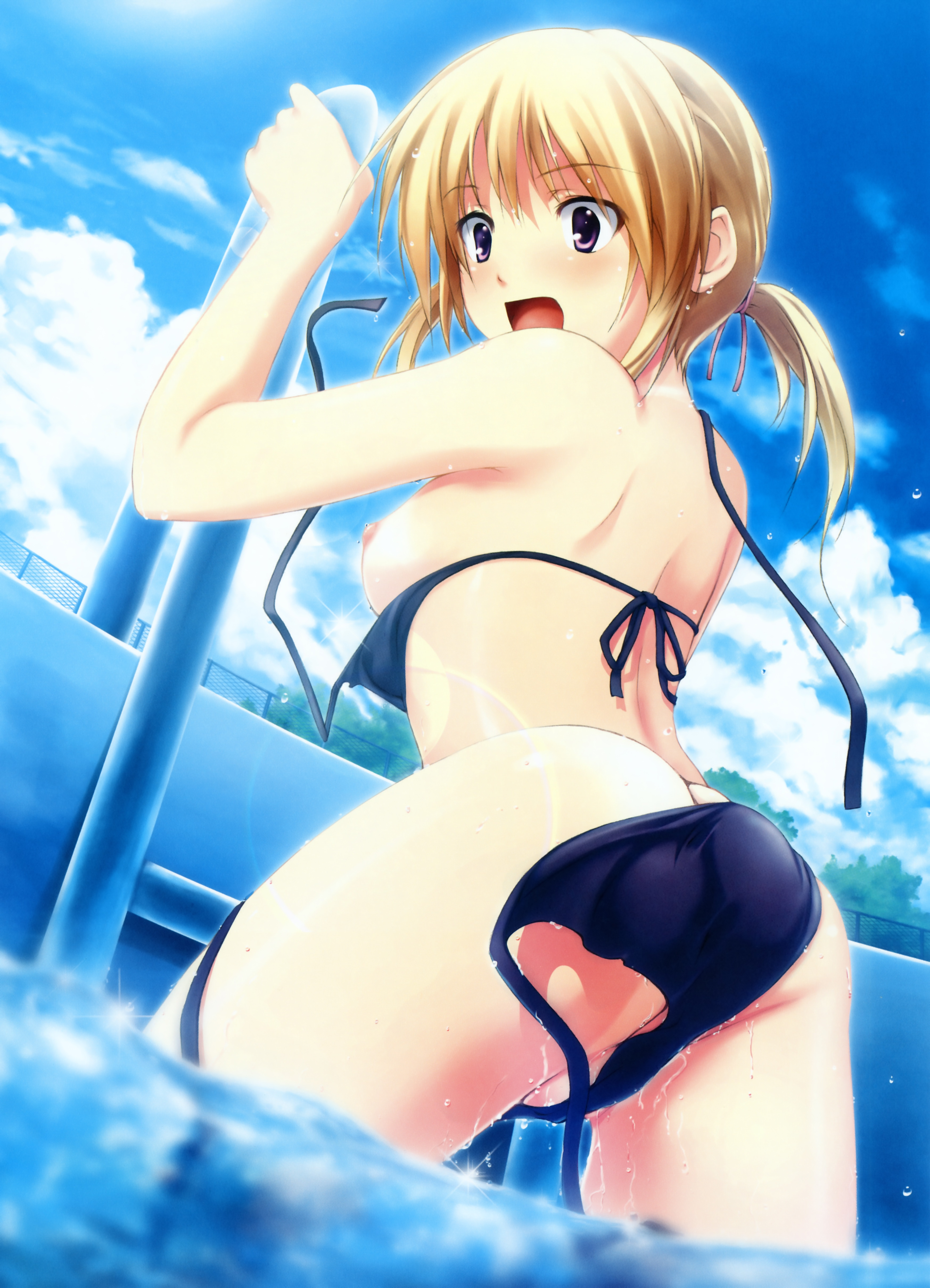 coffee-kizoku, absurdres, highres, 1girl, ass, bikini, blonde hair, blush, breasts, cloud, day, female focus, lens flare, medium breasts, nipples, open mouth, pool, purple eyes, side-tie bikini bottom, sideboob, sky, solo, surprised, swimsuit, twintails, untied bikini, wardrobe malfunction, water, water drop, wet