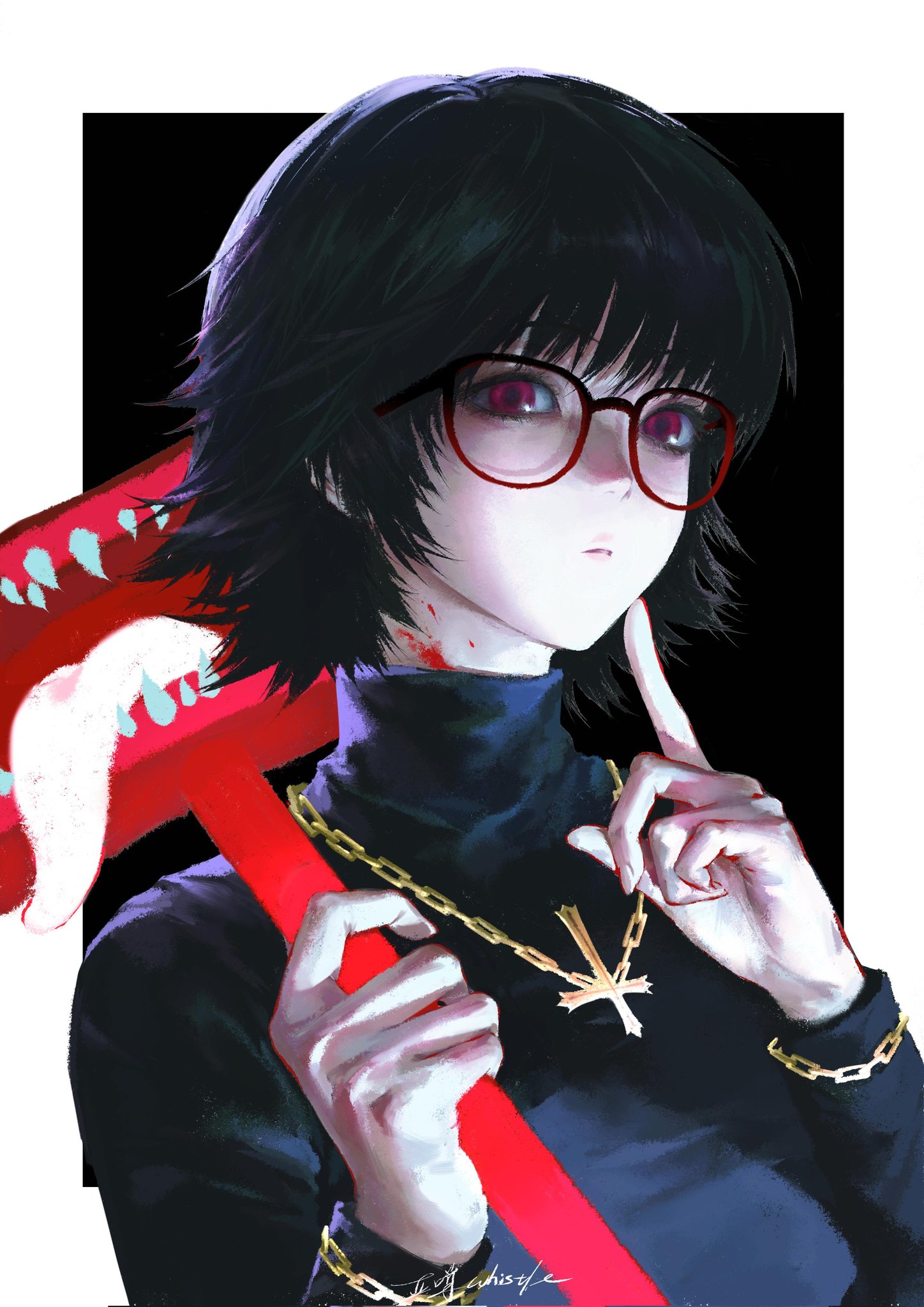 whistle 0324, blinky (hunter x hunter), shizuku murasaki, hunter x hunter, commentary, english commentary, highres, 1girl, black hair, black sweater, finger to own chin, glasses, inverted cross necklace, looking at viewer, red eyes, short hair, solo, sweater, turtleneck, turtleneck sweater, upper body
