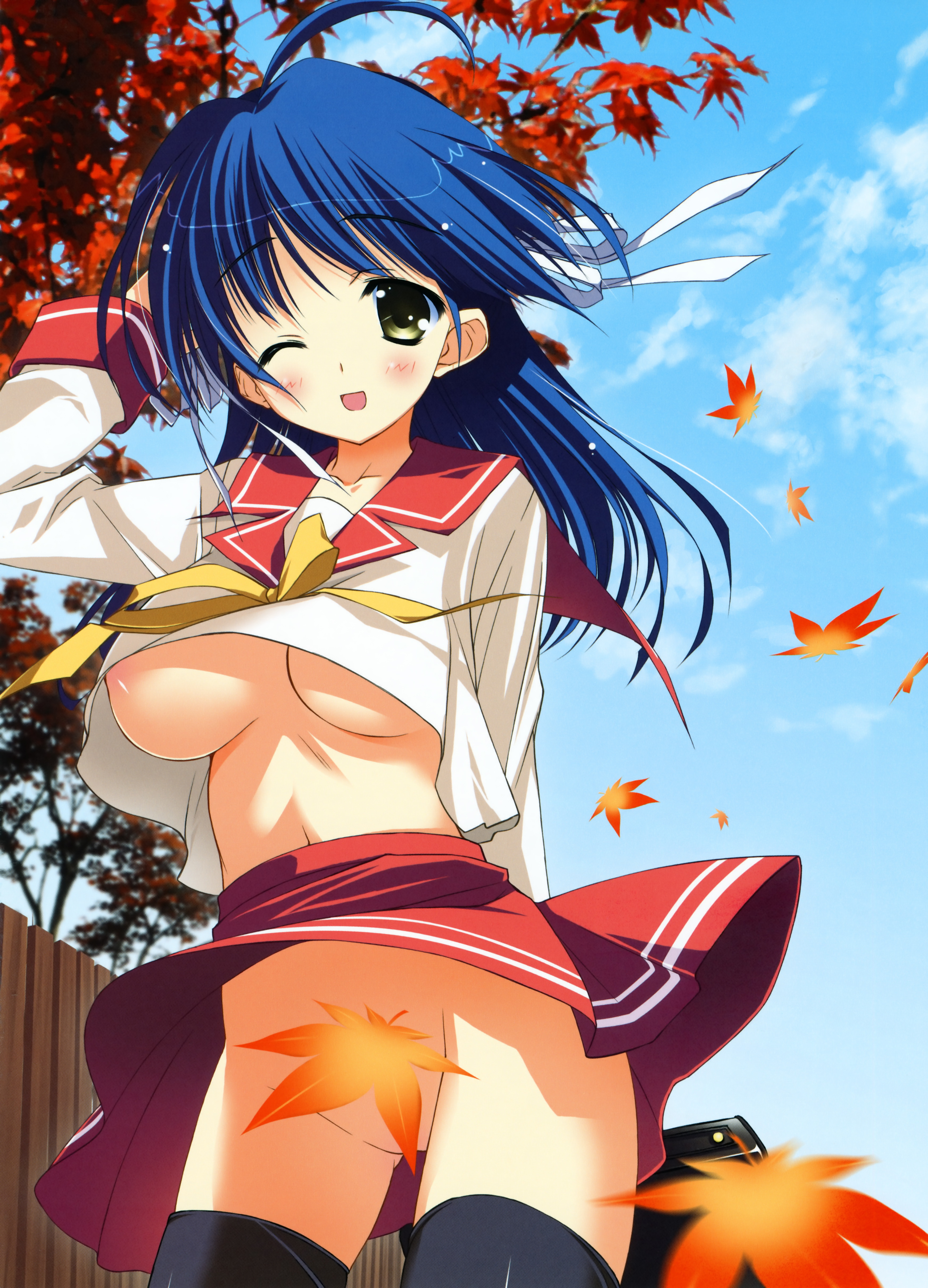 yuuki hagure, absurdres, highres, 1girl, ahoge, black thighhighs, blue hair, breasts, censored, clothes lift, convenient censoring, day, female focus, hair ribbon, large breasts, leaf, leaf censor, maple leaf, no bra, no panties, ribbon, school uniform, serafuku, shirt lift, solo, thighhighs, underboob, wind, wind lift, yellow eyes