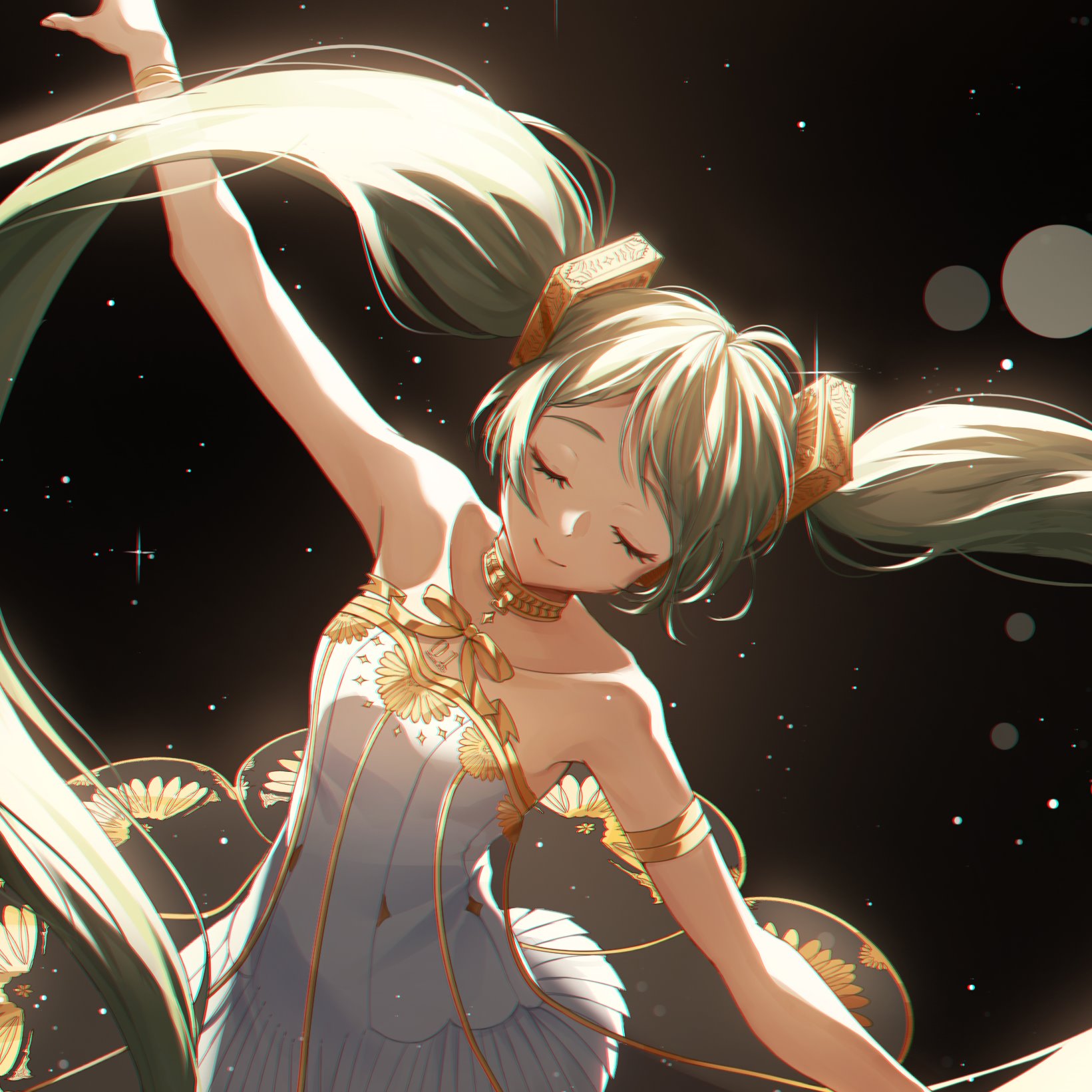 arahe, gramophone miku, hatsune miku, miku symphony (vocaloid), vocaloid, commentary request, cropped, highres, korean commentary, 1girl, ballerina, bare shoulders, bracelet, breasts, closed eyes, closed mouth, collarbone, dress, gold bracelet, gold choker, green hair, hair between eyes, hair ornament, jewelry, long hair, medium breasts, smile, solo, strapless, strapless dress, twintails, very long hair, white dress
