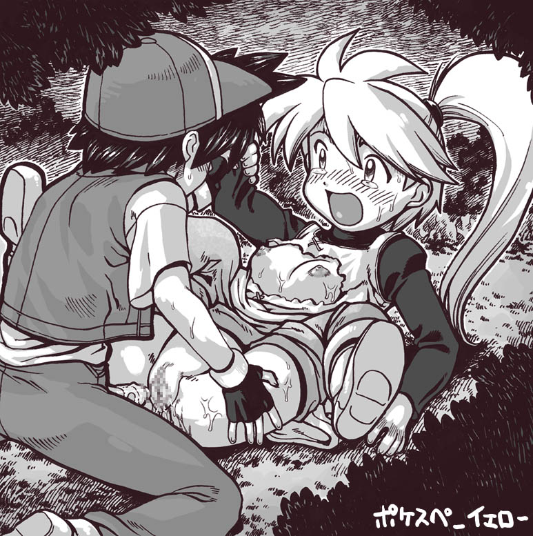 aruni, red (pokemon), yellow (pokemon), nintendo, pokemon, pokemon adventures, 1girl, breasts, censored, monochrome, penis, rape, sex, tears, vaginal