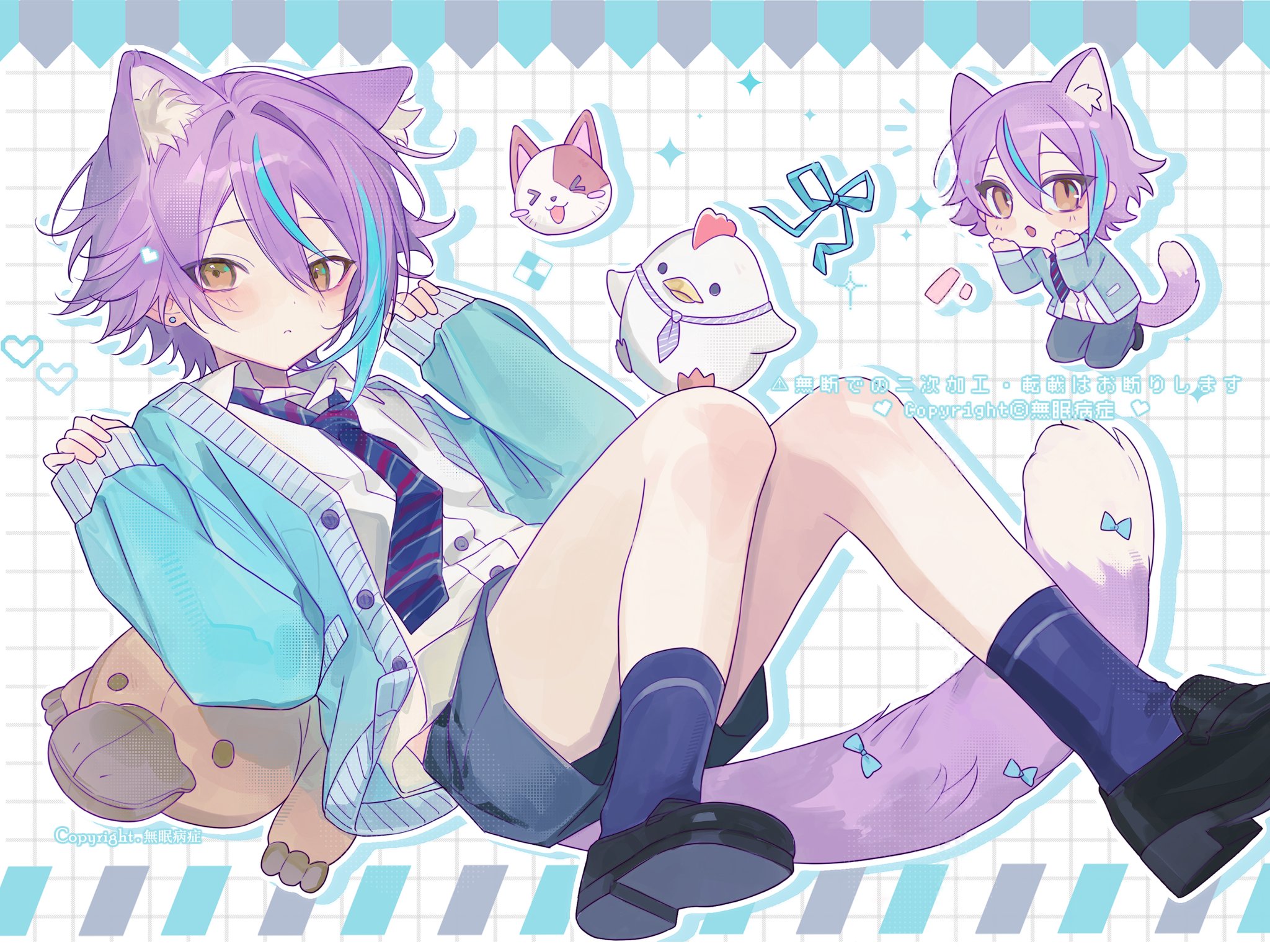 qimomo1227, kamishiro rui, project sekai, commentary, highres, 1boy, animal ears, blue socks, chibi, earrings, jacket, jewelry, long sleeves, looking at viewer, necktie, purple hair, ribbon, shorts, socks, solo, tail