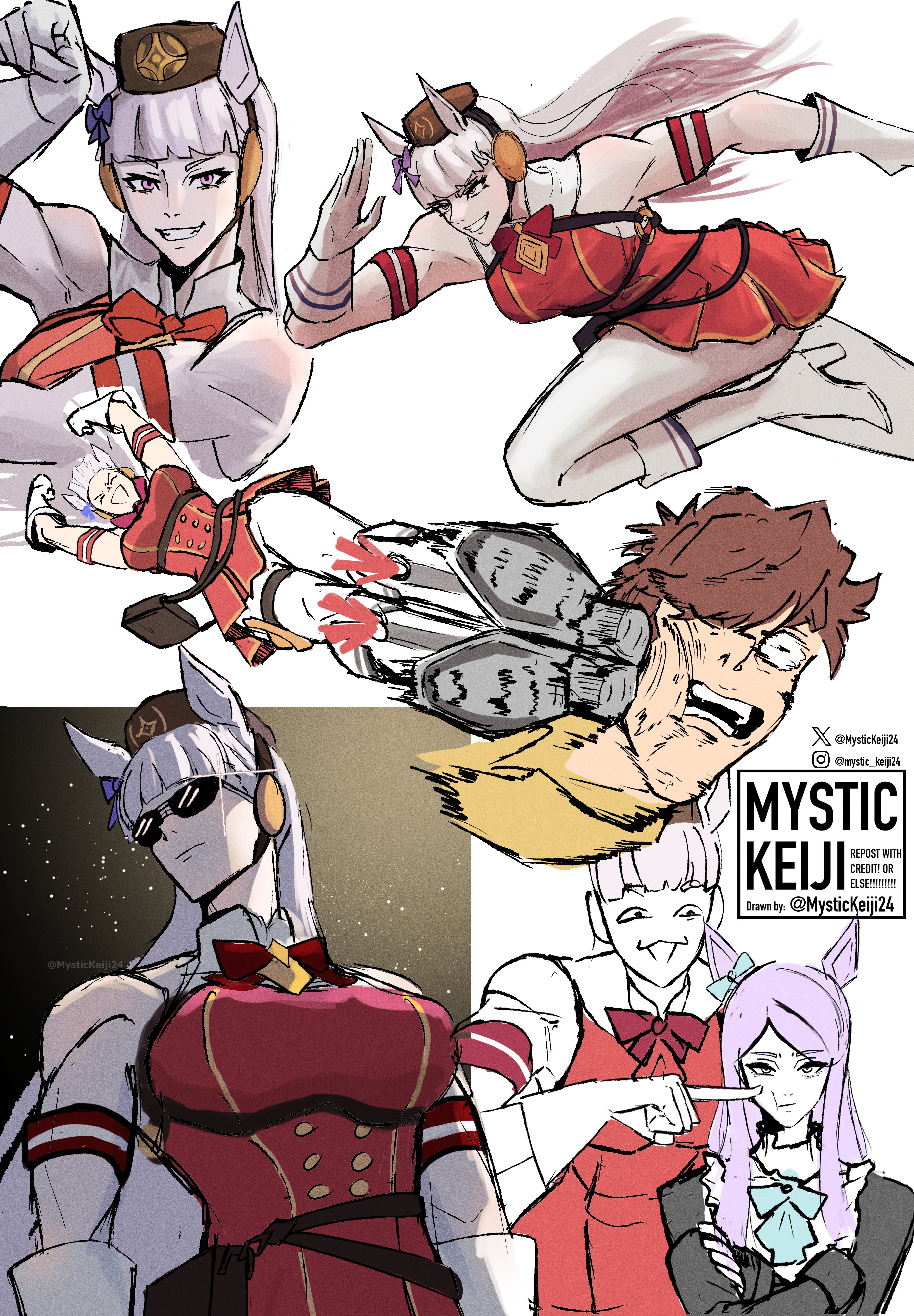 mystickeiji24, gold ship (red strife) (umamusume), gold ship (umamusume), mejiro mcqueen (frontline elegance) (umamusume), mejiro mcqueen (umamusume), team spica's trainer, trainer (umamusume), umamusume, absurdres, commentary, english commentary, highres, > <, 1boy, 2girls, animal ears, aqua bow, aqua bowtie, aqua ribbon, armband, black jacket, blunt bangs, boots, bow, bowtie, breasts, brown hat, cheek poking, closed eyes, closed mouth, coat, crossed arms, dress, drop kick, ear bow, ear ribbon, flying kick, frilled coat, frilled jacket, frills, gloves, grey hair, hat, horse ears, horse girl, horse pose, jacket, kicking, leggings, long hair, medium breasts, multiple girls, open mouth, pantyhose, pillbox hat, poking, purple bow, purple eyes, purple hair, red bow, red dress, ribbon, running, shirt, sleeveless, sleeveless dress, smile, striped armband, striped clothes, sunglasses, teeth, white gloves, white leggings, white pantyhose, yellow shirt