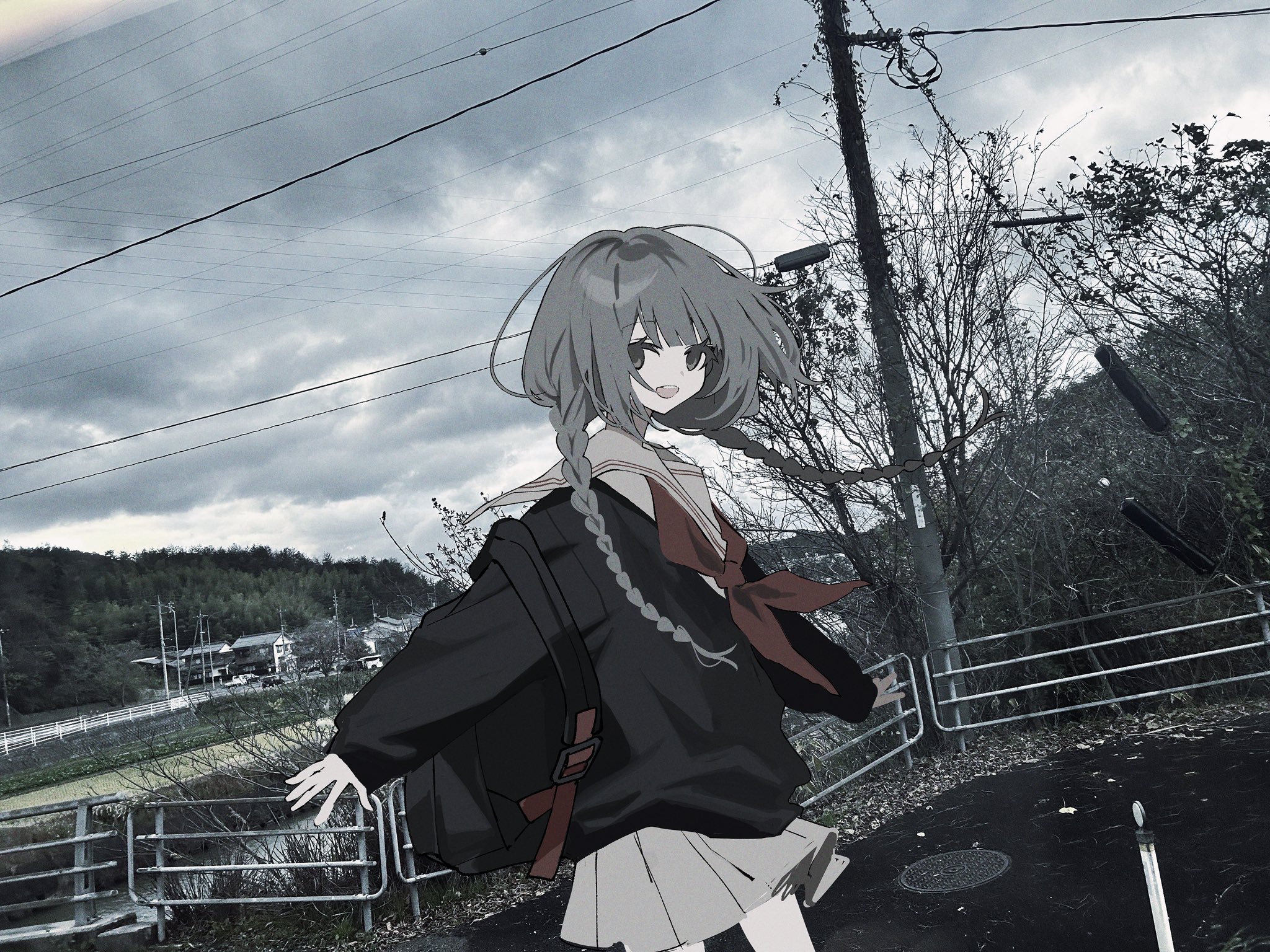 si (wooupp), original, highres, 1girl, :d, backpack, bag, black bag, black cardigan, braid, cardigan, cloud, cloudy sky, cowboy shot, day, grey hair, grey skirt, grey sky, long hair, long sleeves, looking at viewer, low twin braids, neckerchief, open mouth, outdoors, overcast, photo background, pleated skirt, power lines, railing, red neckerchief, river, sailor collar, school uniform, serafuku, shirt, skirt, sky, sleeves past wrists, smile, solo, standing, tree, twin braids, utility pole, white sailor collar