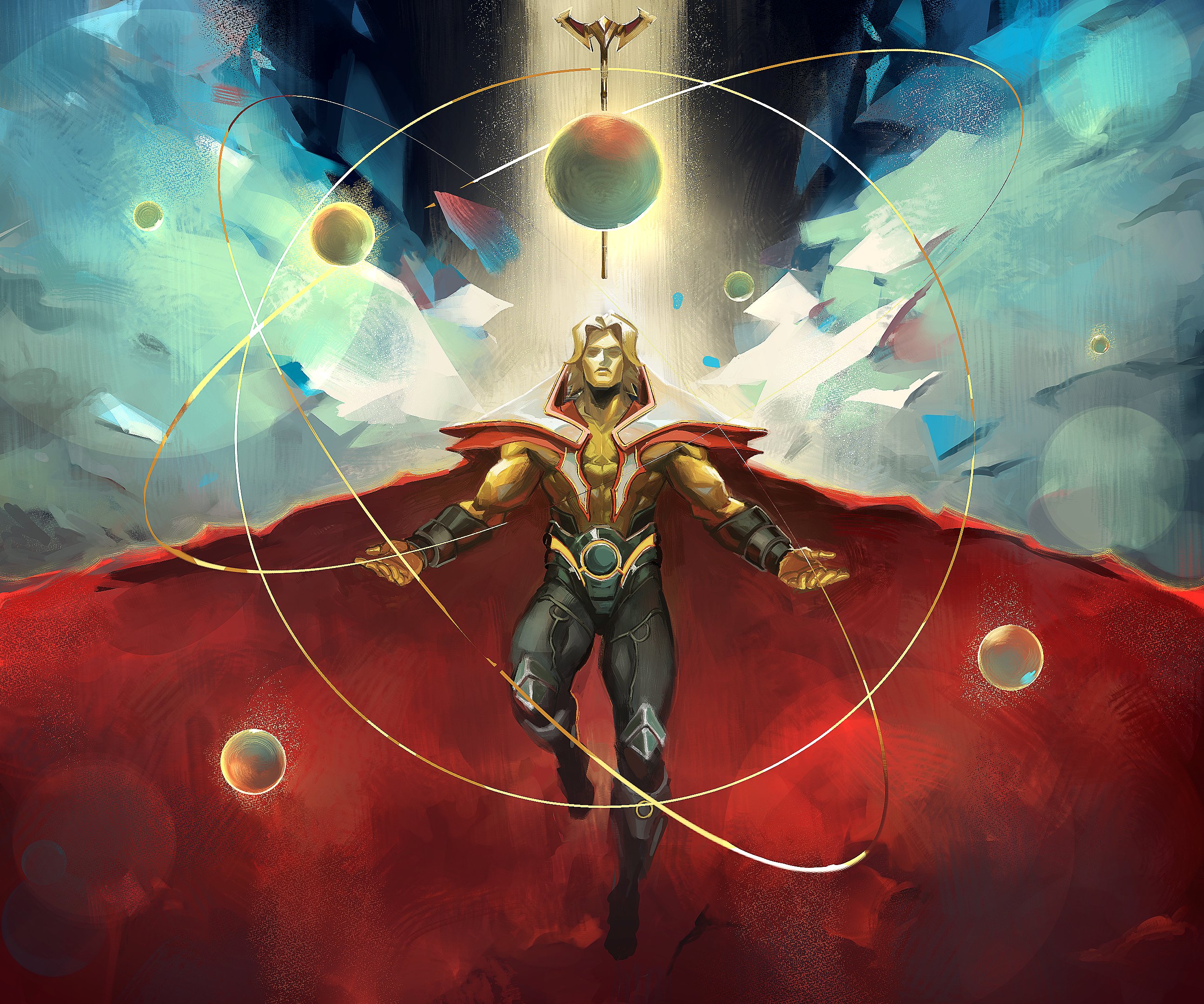 adam warlock, guardians of the galaxy, marvel, marvel rivals, commentary, english commentary, highres, 1boy, abs, bekomn, black pants, blonde hair, cape, colored skin, floating, floating cape, male focus, muscular, muscular male, orb, pants, red cape, short hair, solo, staff, yellow skin