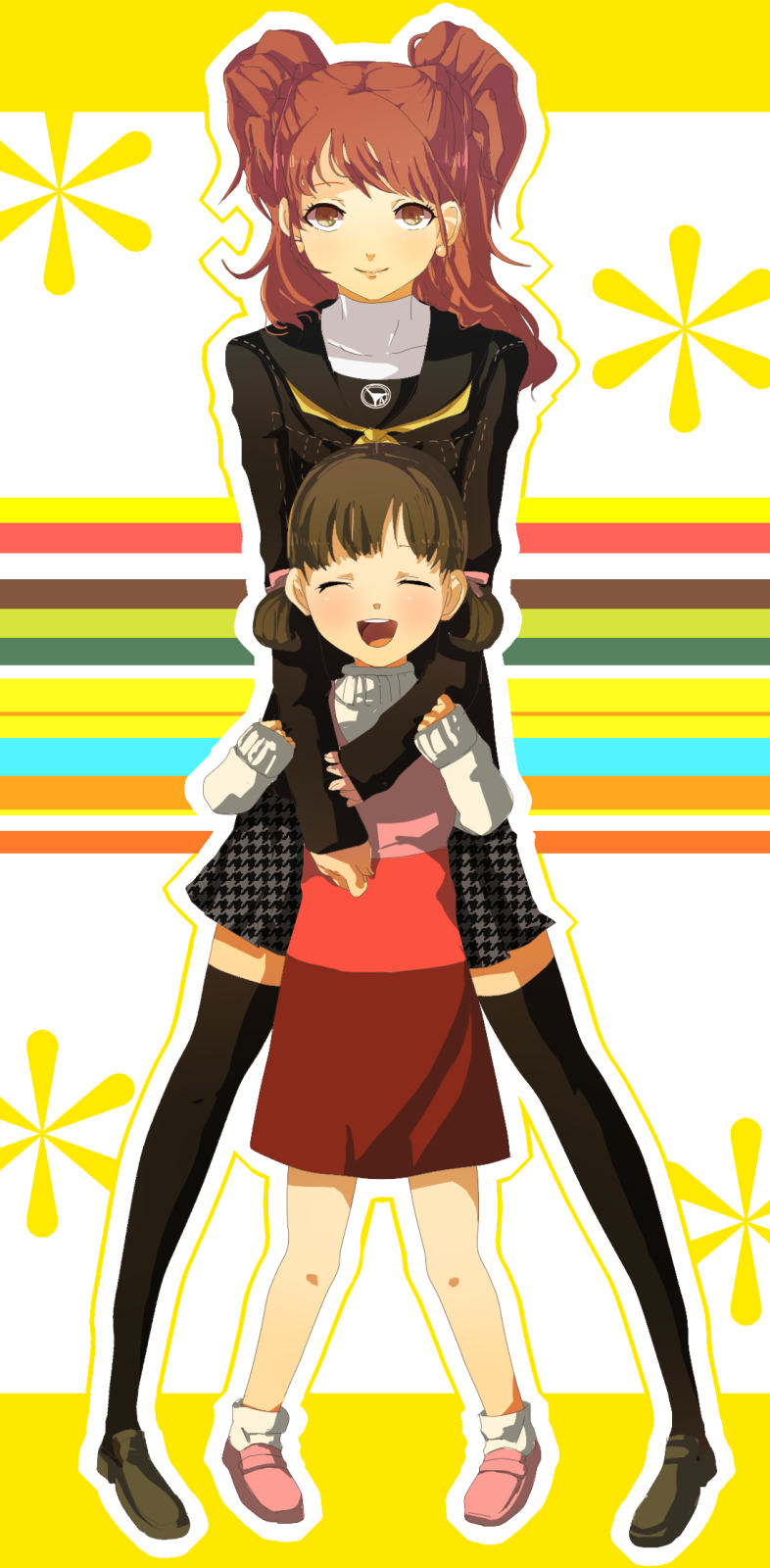 nakana, doujima nanako, kujikawa rise, atlus, persona, persona 4, highres, 2girls, child, multiple girls, school uniform, thighhighs