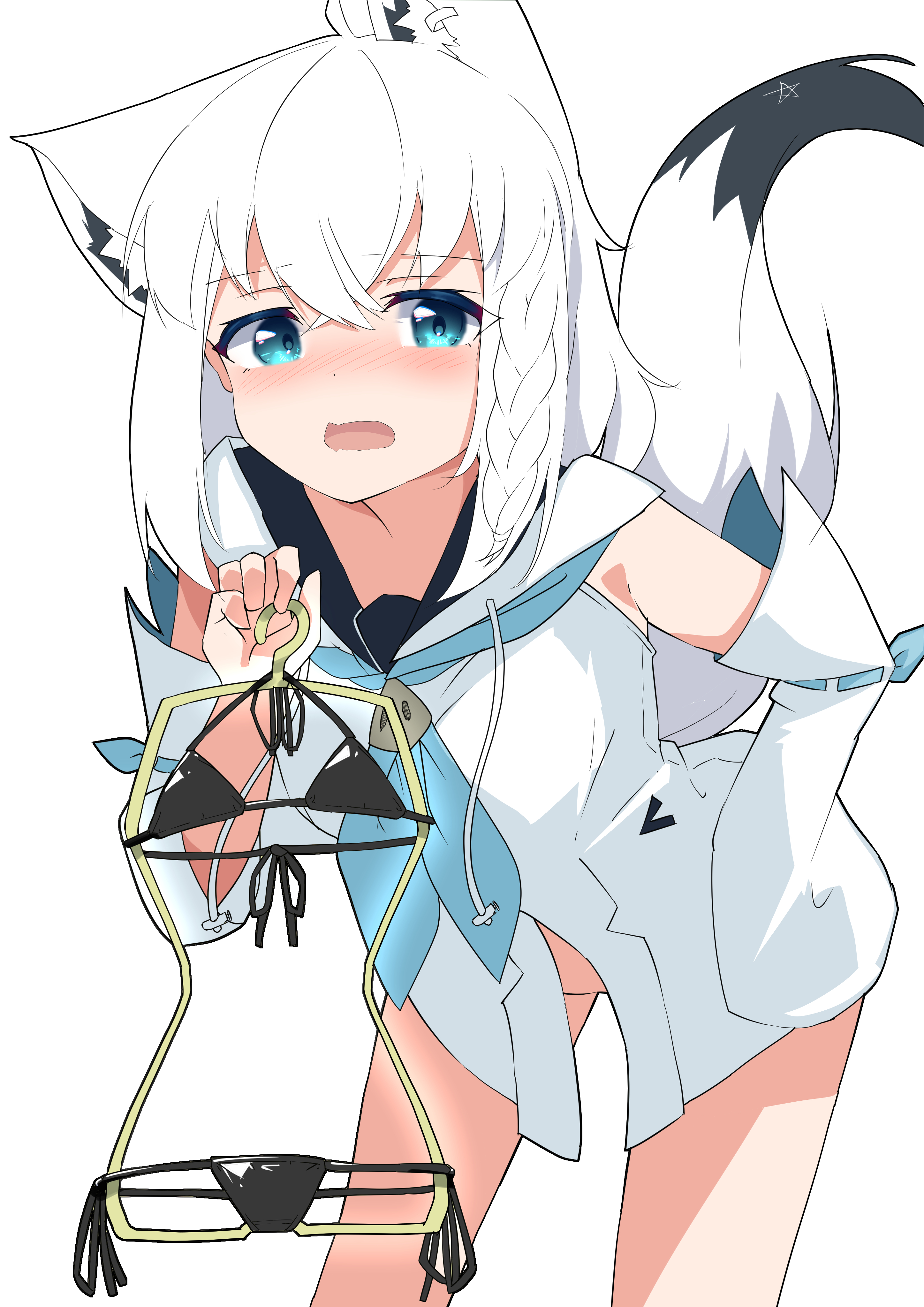 shirayuki (snow link), shirakami fubuki, shirakami fubuki (1st costume), hololive, absurdres, commentary request, highres, 1girl, ahoge, animal ear fluff, animal ears, bikini, black bikini, blue neckerchief, blush, braid, clothes hanger, detached sleeves, earrings, fox ears, fox girl, fox tail, green eyes, hair between eyes, holding, holding clothes hanger, hood, hoodie, jewelry, leaning forward, long hair, looking at viewer, micro bikini, neckerchief, no panties, open mouth, pentagram, sidelocks, simple background, single braid, solo, swimsuit, tail, virtual youtuber, white background, white hair, white hoodie