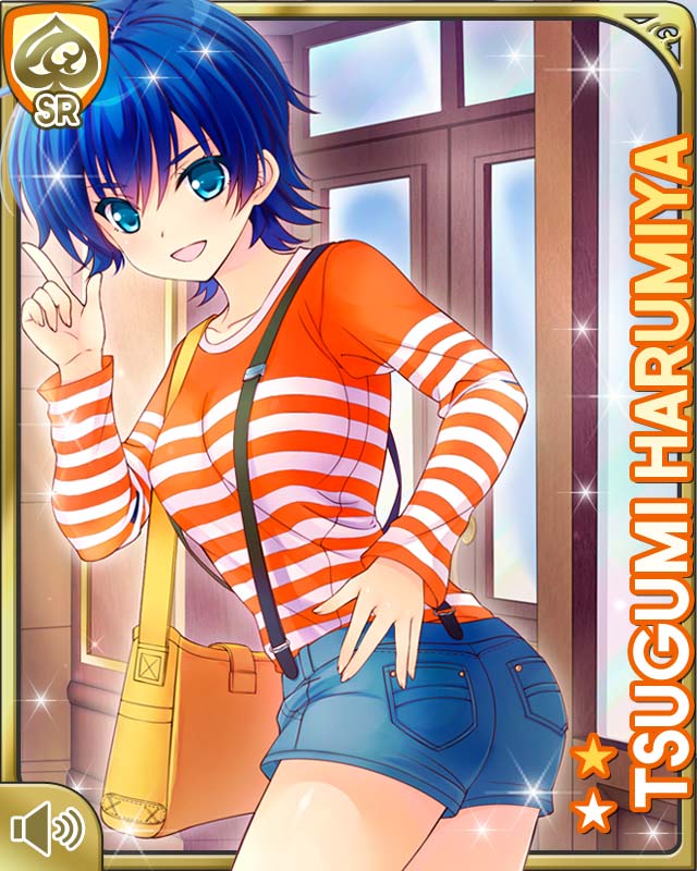 qp:flapper, harumiya tsugumi, girlfriend (kari), official art, 1girl, :d, bag, blue eyes, blue hair, blue shorts, breasts, card (medium), character name, denim, denim shorts, large breasts, looking at viewer, looking back, open mouth, orange shirt, pointing, shirt, short hair, shorts, shoulder bag, smile, solo, standing, striped clothes, striped shirt, suspender shorts, suspenders, thighs, yellow bag