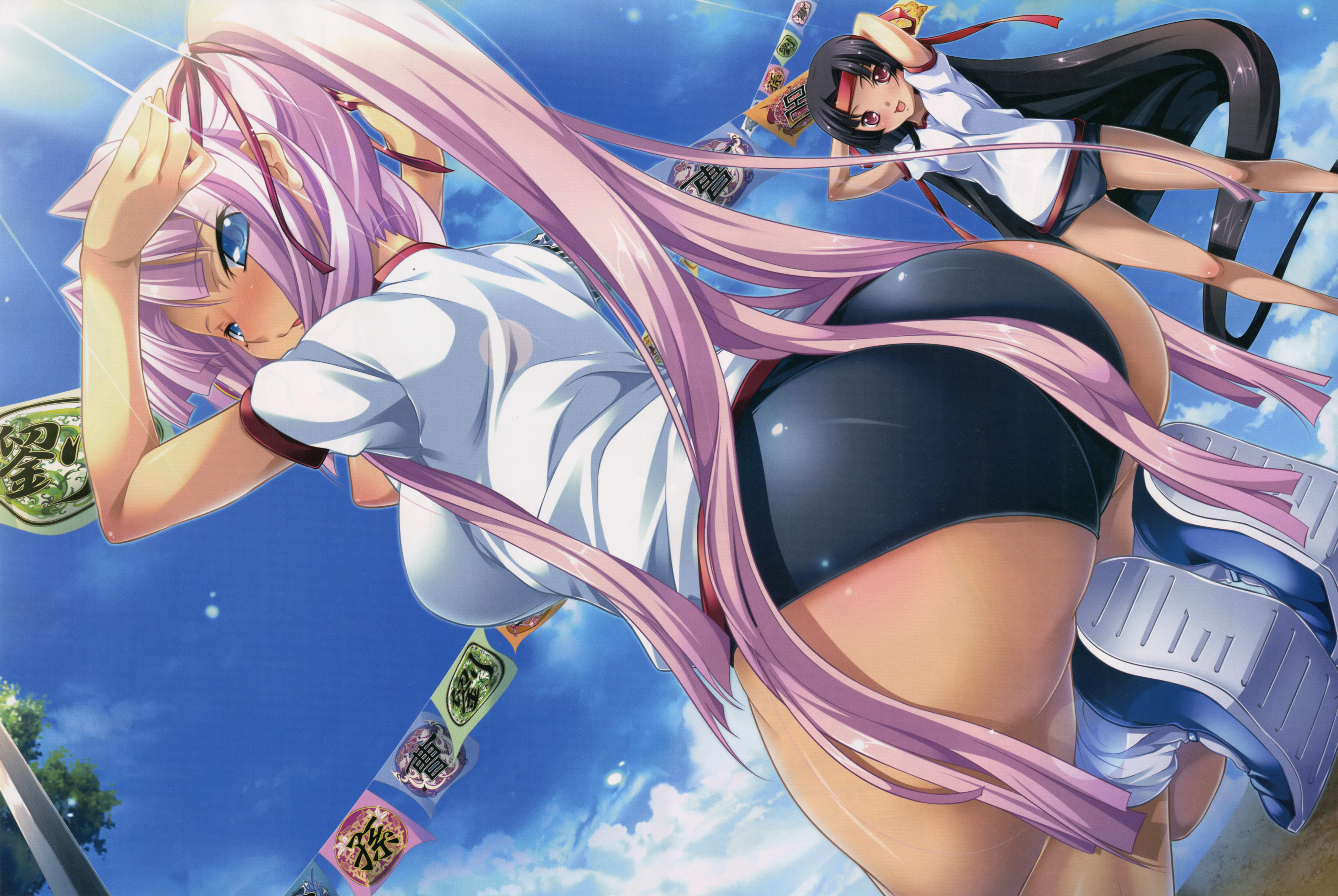 hikage eiji, shuutai (koihime musou), sonken (koihime musou), koihime musou, absurdres, highres, official art, 00s, 2girls, arched back, arms up, ass, black hair, blue eyes, blurry, blush, breasts, buruma, cloud, contemporary, dark-skinned female, dark skin, day, dutch angle, flag, flags of all nations, gym uniform, hair ribbon, headband, huge ass, kneeling, large breasts, long hair, looking at viewer, looking back, looking down, multiple girls, pink hair, ponytail, ribbon, shoes, sky, smile, socks, string of flags, tareme, tsurime, very long hair, wide hips