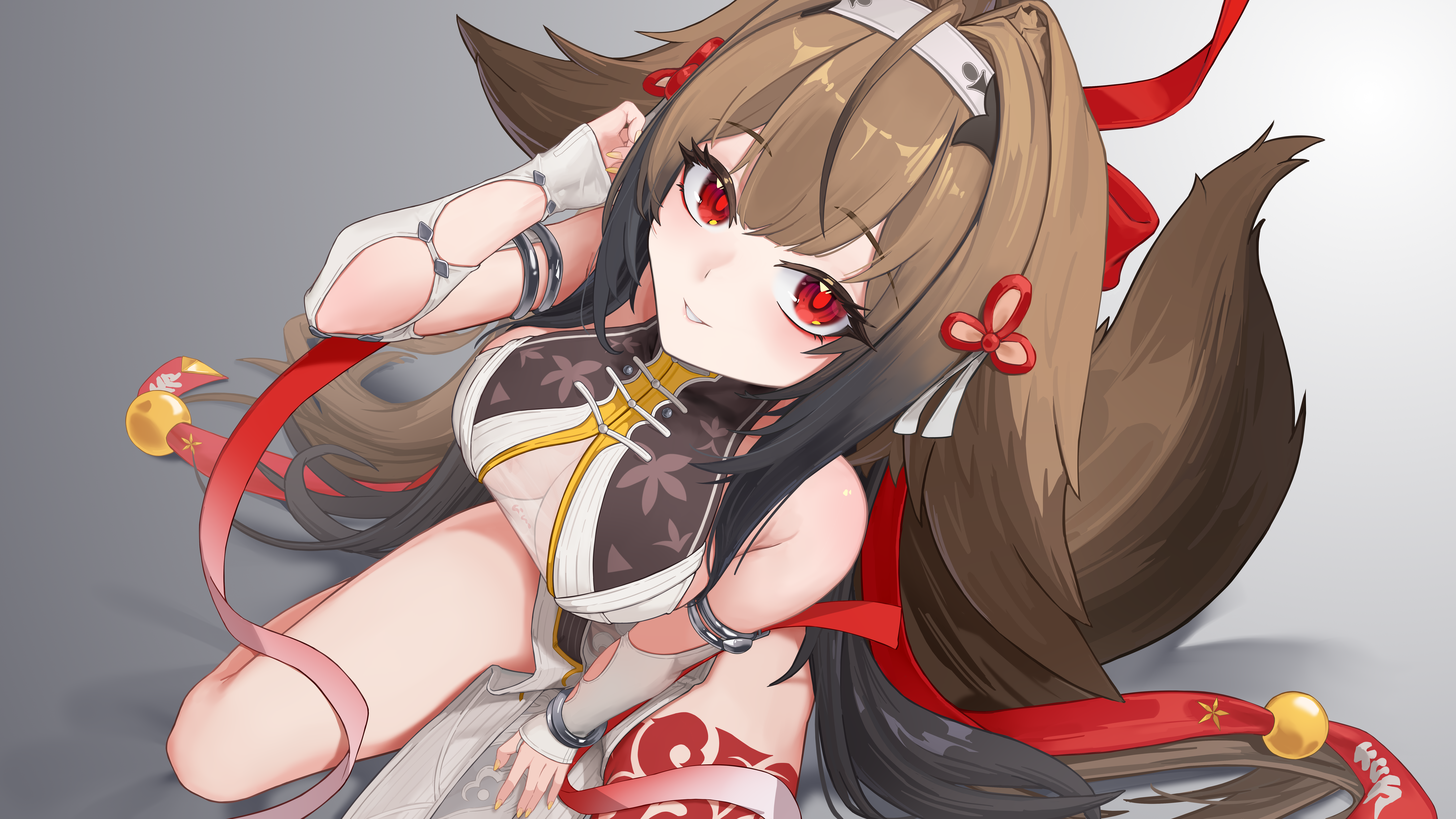 una shizuku, ye shunguang, zenless zone zero, absurdres, commentary request, highres, 1girl, armlet, bare shoulders, bracelet, breasts, brown hair, china dress, chinese clothes, clover, clover hair ornament, dress, droopy ears, from below, grey background, hair ornament, hairband, jewelry, large breasts, leg tattoo, long hair, looking at viewer, metal bracelet, parted lips, pelvic curtain, red eyes, see-through clothes, shadow, silver armlet, silver bracelet, simple background, sitting, smile, solo, tail, tattoo, white dress, white hairband