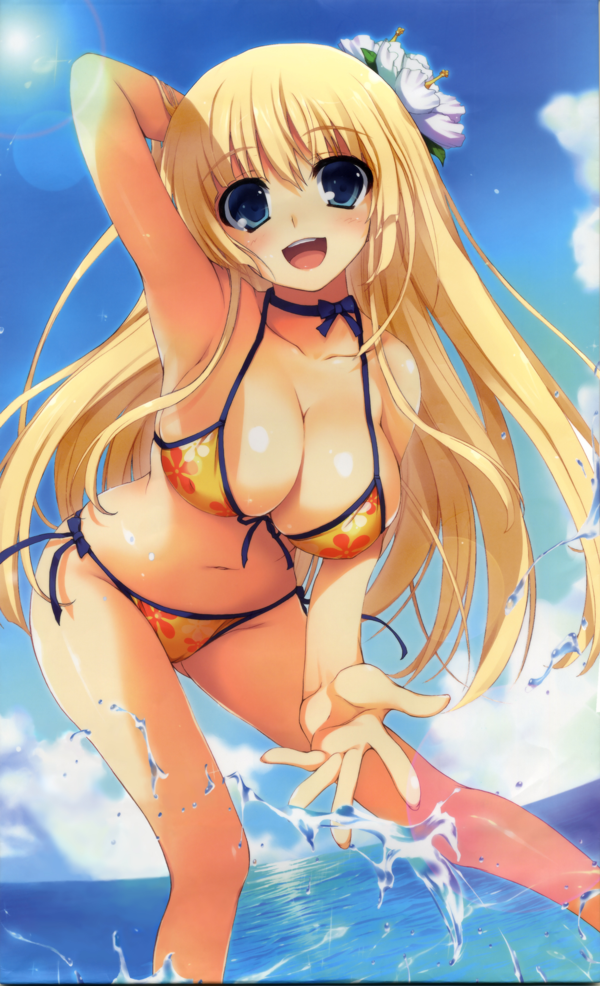 tomose shunsaku, absurdres, highres, 1girl, armpits, arms up, beach, bikini, blonde hair, blue eyes, blush, breasts, cleavage, cloud, day, female focus, flower, front-tie top, hair flower, hair ornament, large breasts, lens flare, long hair, navel, open mouth, orange bikini, outdoors, side-tie bikini bottom, sky, smile, solo, swimsuit, water