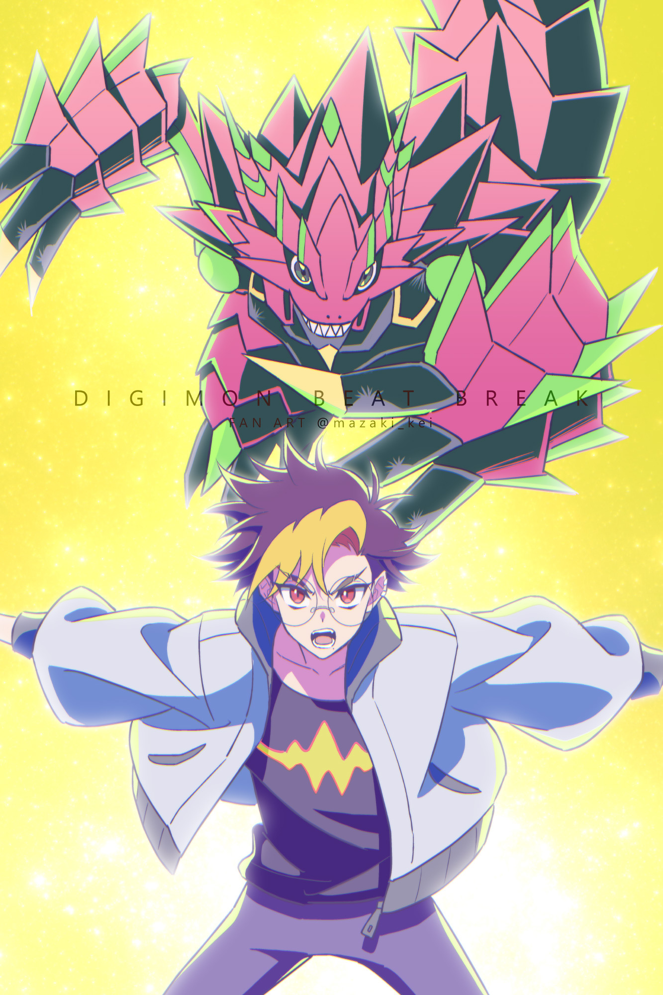 mazaki kei, armalizamon, tenma tomoro, digimon, digimon beatbreak, commentary request, highres, 1boy, armor, black shirt, blonde hair, blue hair, cowboy shot, digimon (creature), glasses, jacket, lizard, male focus, mole, mole under mouth, multicolored hair, open clothes, open jacket, pink armor, round eyewear, sharp teeth, shirt, simple background, teeth, two-tone hair, white jacket, yellow background