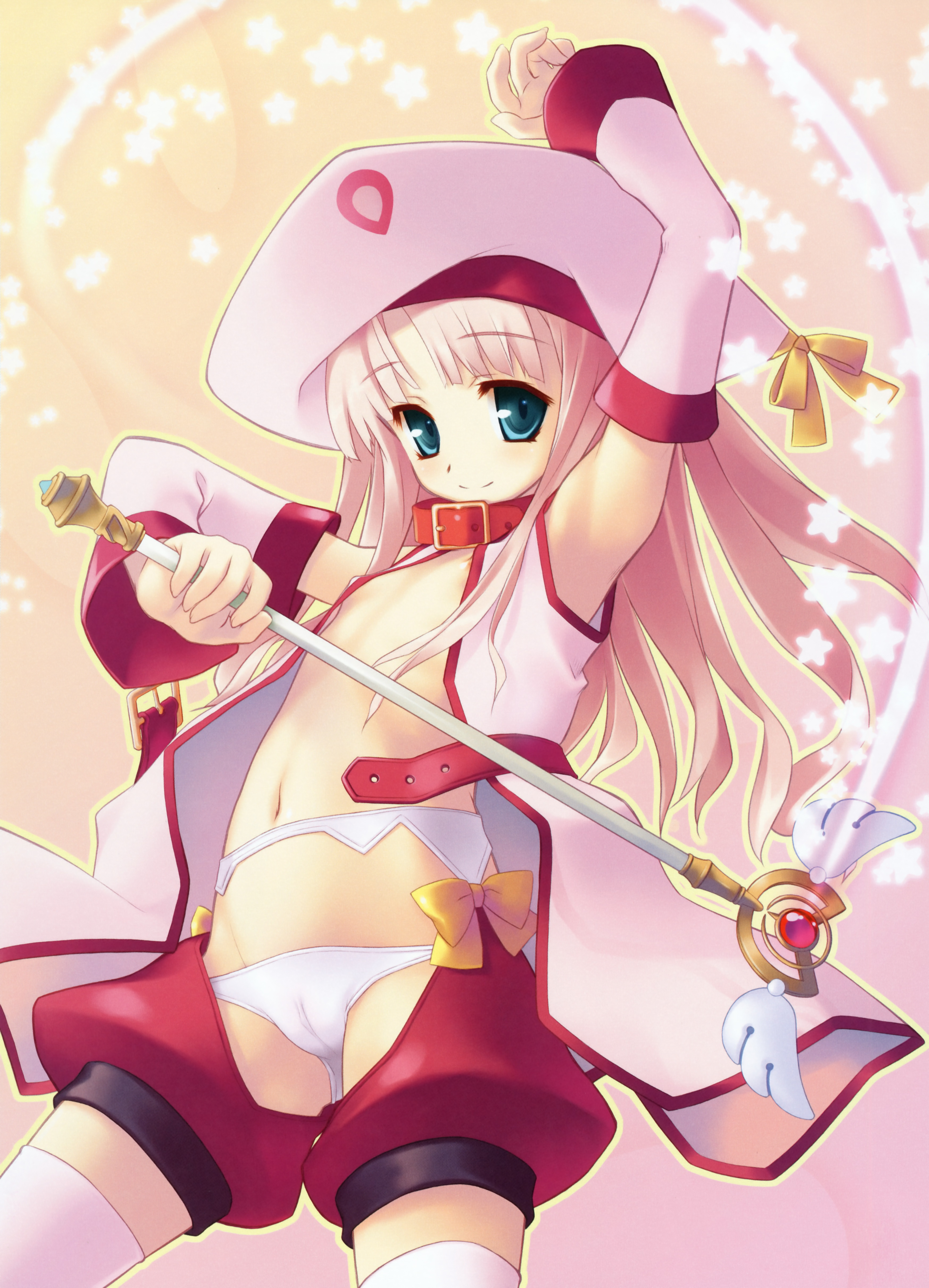 aoi kumiko, absurdres, copyright request, highres, 1girl, armpits, cameltoe, collar, detached sleeves, female focus, flat chest, green eyes, hat, loli, no bra, open clothes, open shirt, panties, pink hair, shirt, solo, staff, thighhighs, underwear, white panties