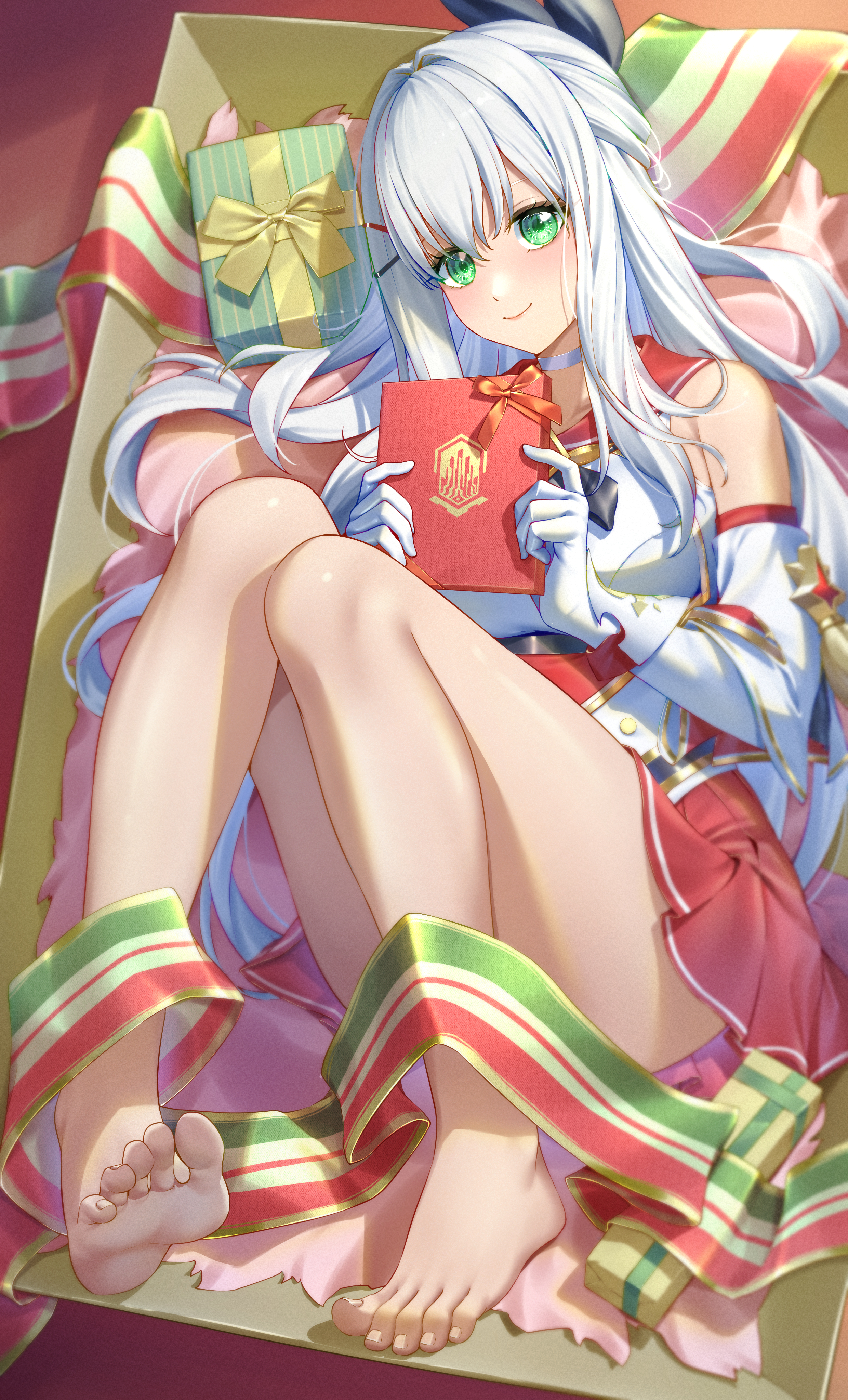 hitpig, sia (starseed), starseed: asnia trigger, absurdres, highres, 1girl, barefoot, box, feet, gift, gift box, green eyes, light blush, long hair, looking at viewer, smile, soles, toes, white hair