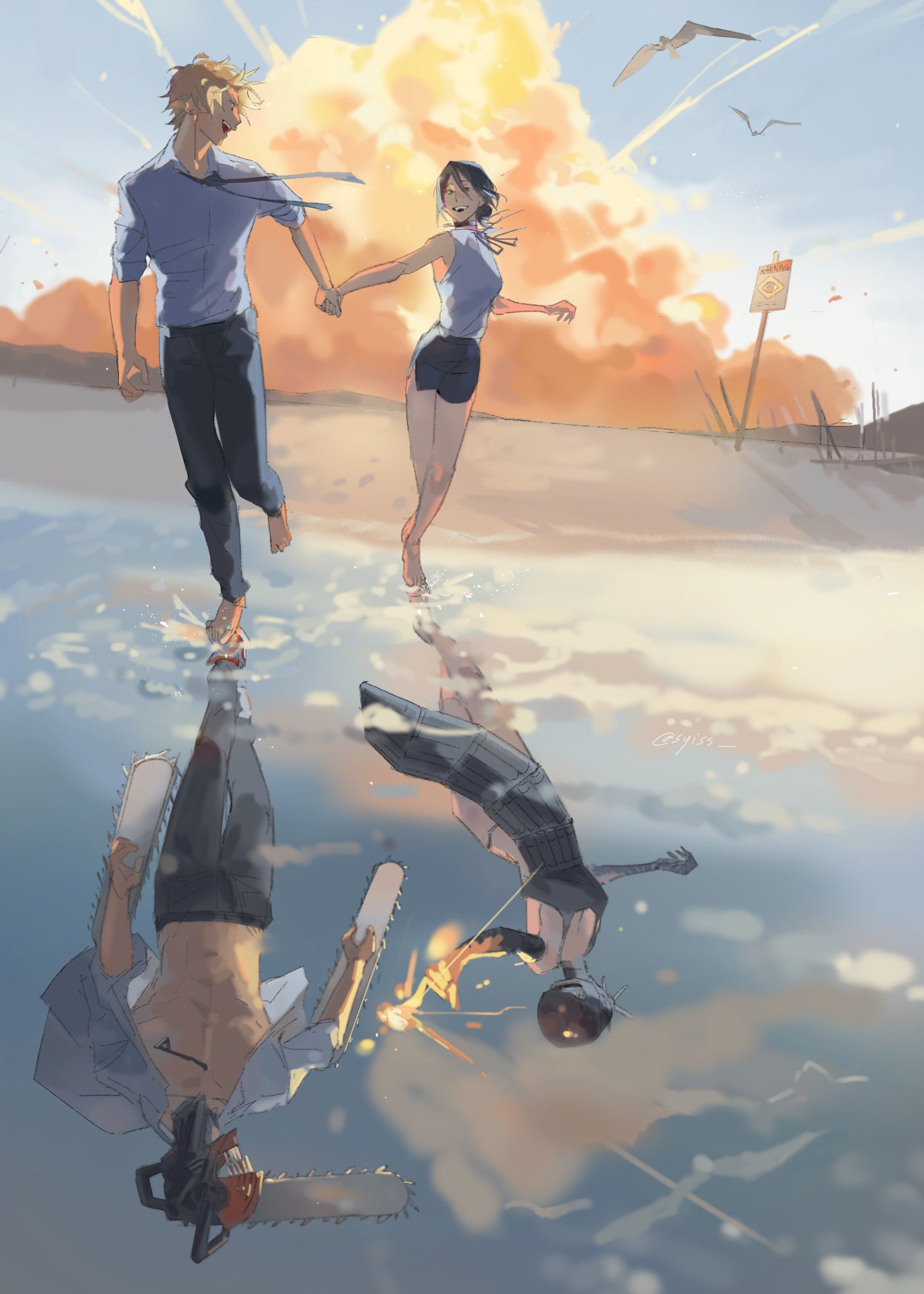 syiss, bomb devil (chainsaw man), denji (chainsaw man), reze (chainsaw man), chainsaw man, commentary, english commentary, highres, 1boy, beach, bird, black choker, black hair, black necktie, blonde hair, blue sky, chainsaw, choker, collared shirt, different reflection, dynamite, explosion, explosion background, explosive, formal clothes, grenade pin, holding hands, necktie, pull cord, reflection, reflective liquid, ringed eyes, seagull, sharp teeth, shirt, sky, sleeveless, sleeveless shirt, suit, teeth, white shirt