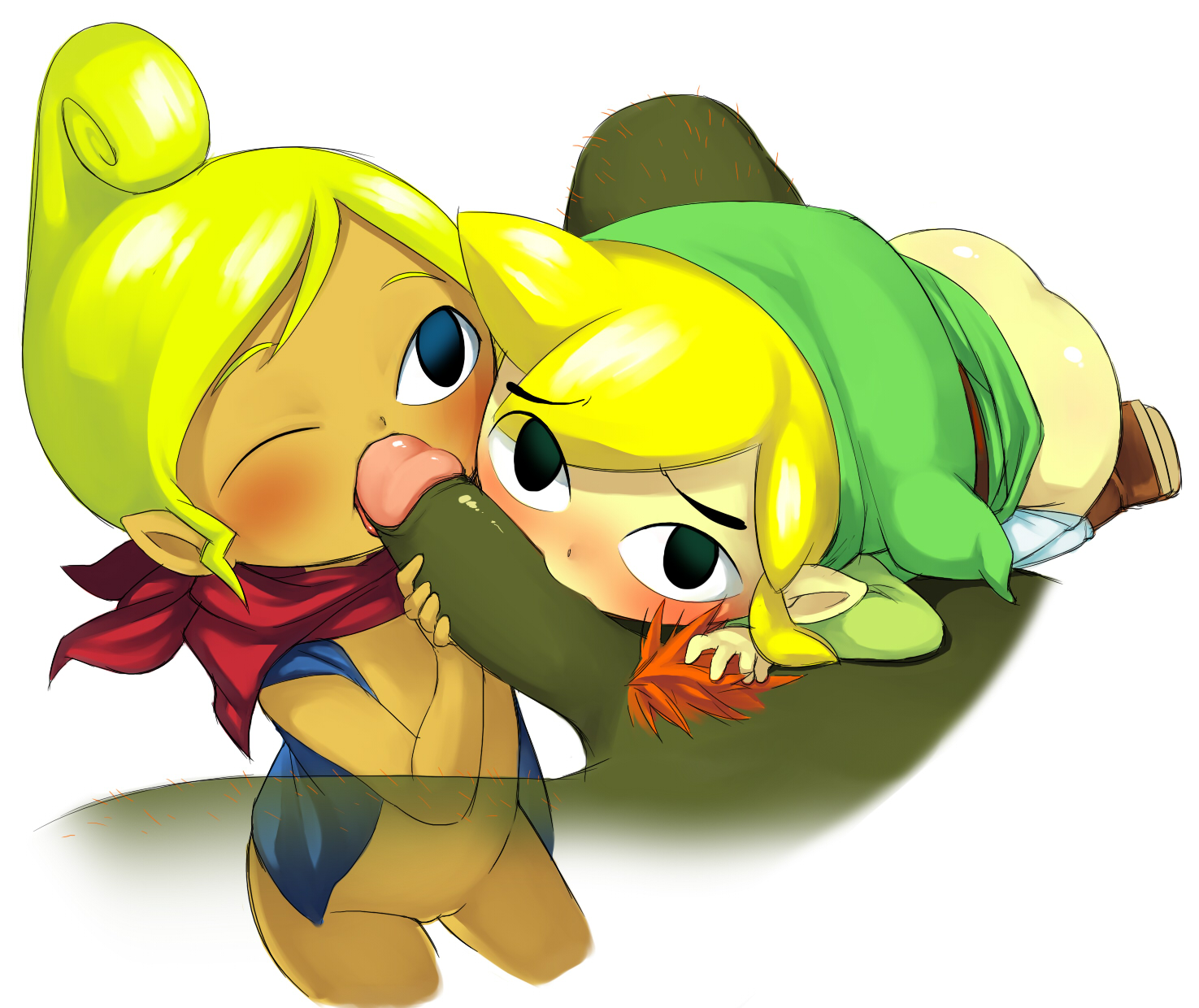 yanoodle, ganondorf, link, tetra, toon link, nintendo, the legend of zelda, the legend of zelda: the wind waker, highres, 1girl, 2boys, bisexual male, blonde hair, blue eyes, bottomless, cooperative fellatio, dark-skinned male, dark skin, fellatio, green eyes, group sex, kodomo doushi, loli, multiple boys, oral, penis, pubic hair, shota, teamwork (sexual)