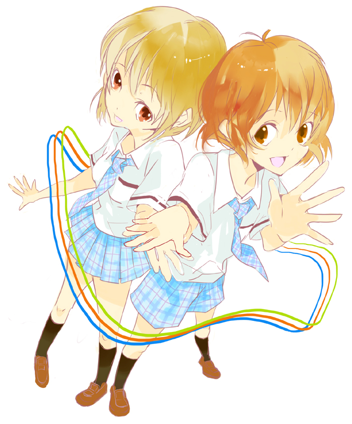 mineraru, unpomale17, akizuki ryo, hagiwara yukiho, idolmaster, idolmaster (classic), idolmaster dearly stars, bad id, bad pixiv id, 00s, 1boy, 1girl, androgynous, antenna hair, brown eyes, brown hair, open mouth, ribbon, rough time school, school uniform, short hair, skirt, smile, socks, trap