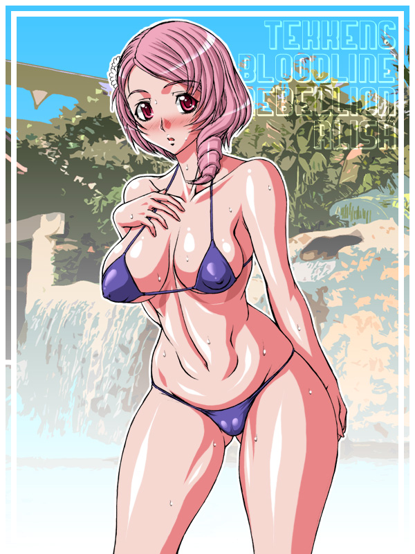 amano kotone (ichigo jet), alisa boskonovich, namco, tekken, 1girl, bikini, blush, breasts, cleavage, covered erect nipples, drill hair, female focus, large breasts, micro bikini, pink eyes, pink hair, red eyes, solo, sweat, swimsuit
