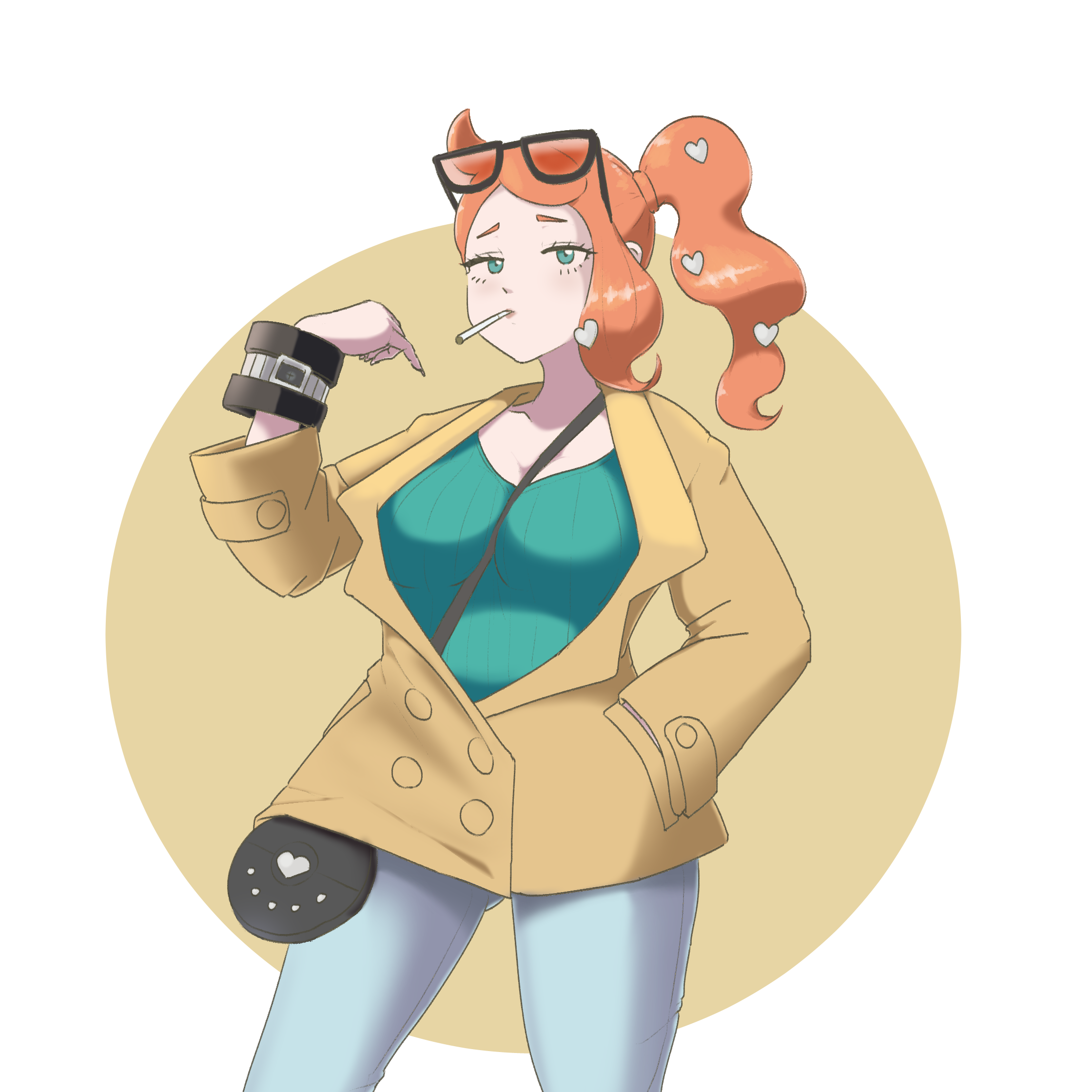 sonia (pokemon), nintendo, pokemon, pokemon swsh, commentary request, highres, korean commentary, 1girl, aqua eyes, aqua shirt, between breasts, black-framed eyewear, breasts, brown coat, candy, coat, collarbone, contrapposto, denim, eyewear on head, food, food in mouth, gluteal fold, hair ornament, half-closed eyes, hand in pocket, hand up, heart, heart hair ornament, jeans, lollipop, medium breasts, nojobmind, orange-tinted eyewear, orange hair, pants, ribbed shirt, shirt, side ponytail, side ponytail with hair base, solo, strap between breasts, sunglasses, swept bangs, tinted eyewear, v-neck